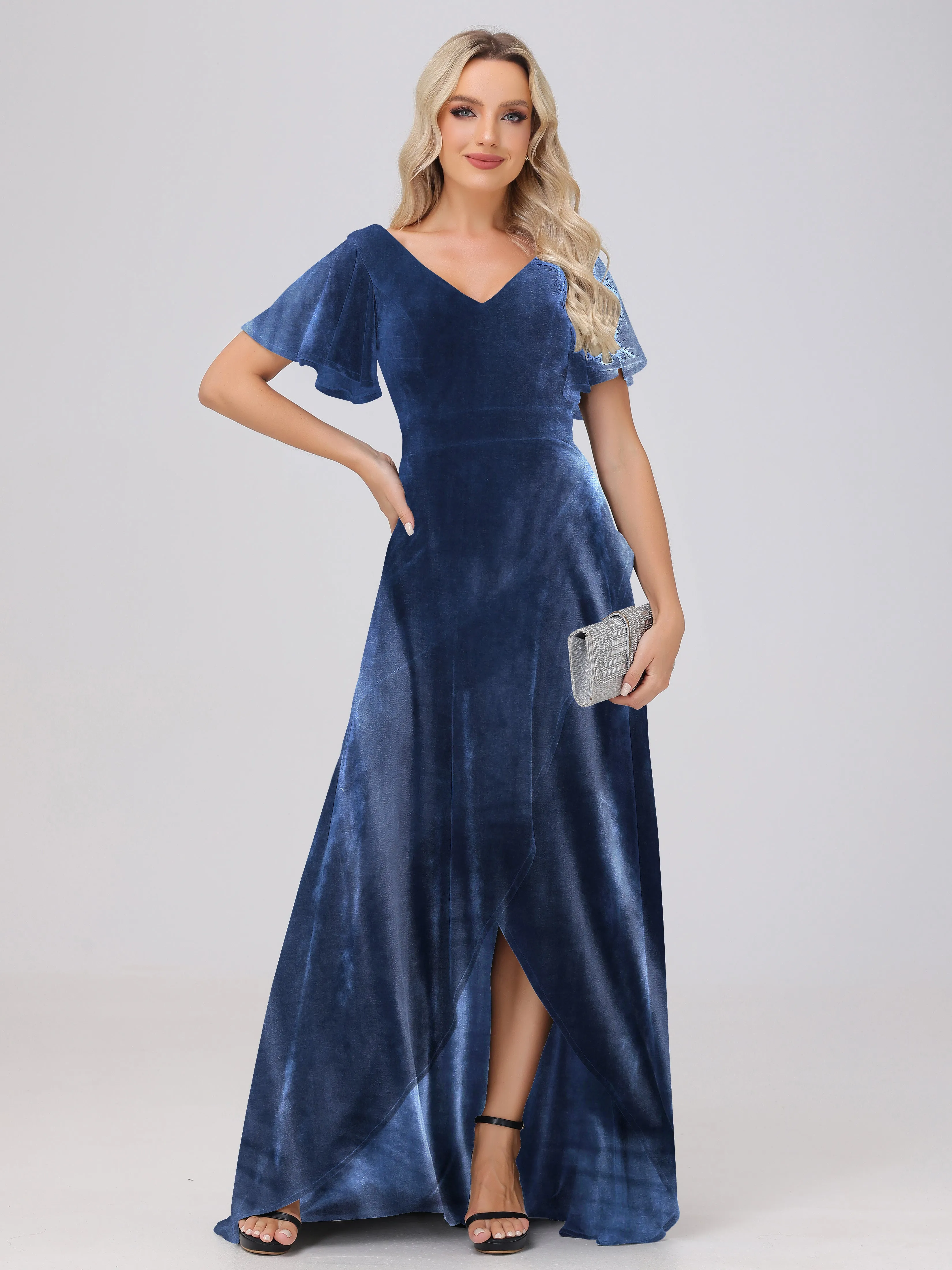 V-Neck Short Sleeves Ruffles Velvet Bridesmaid Dresses
