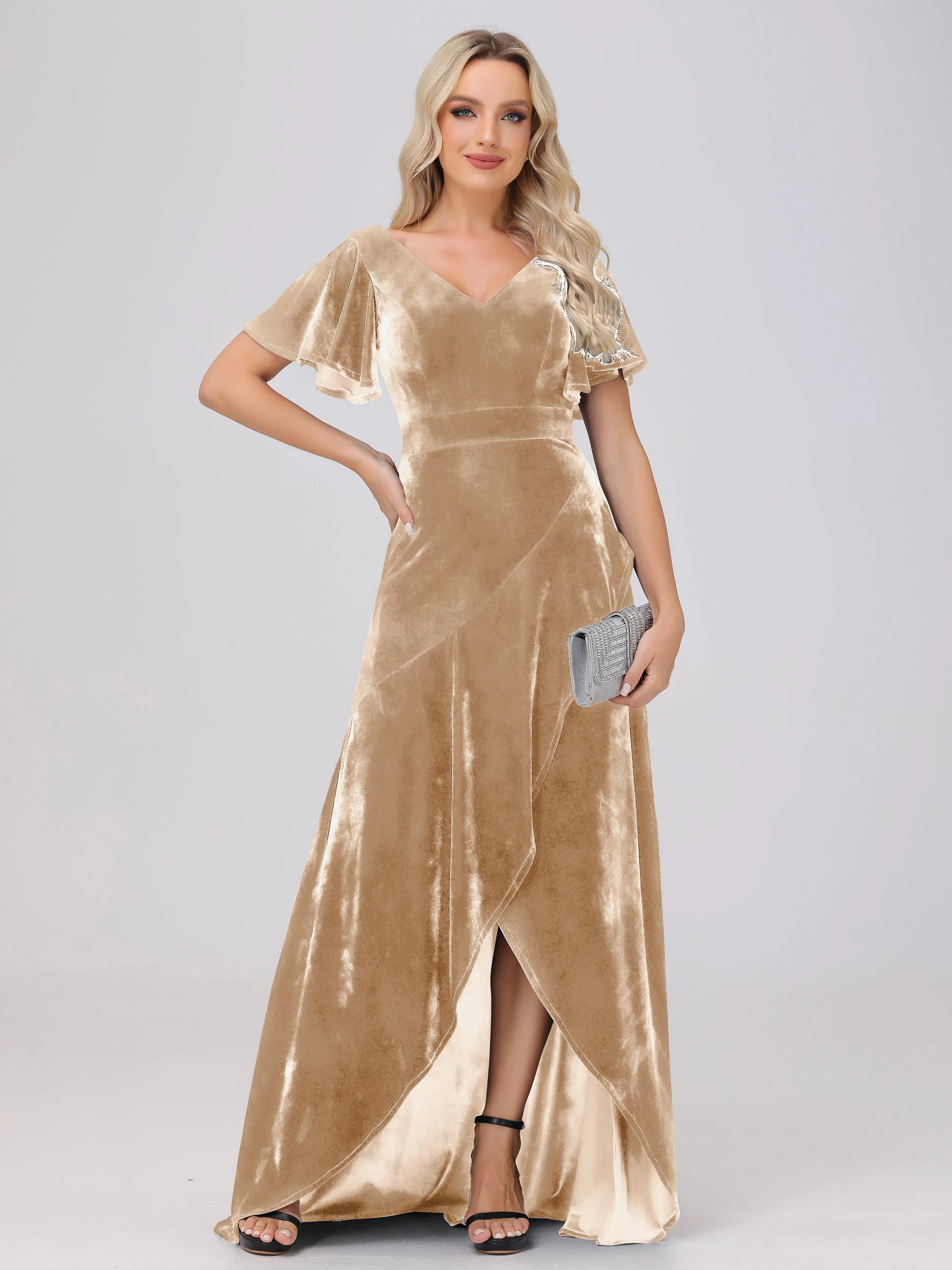 V-Neck Short Sleeves Ruffles Velvet Bridesmaid Dresses