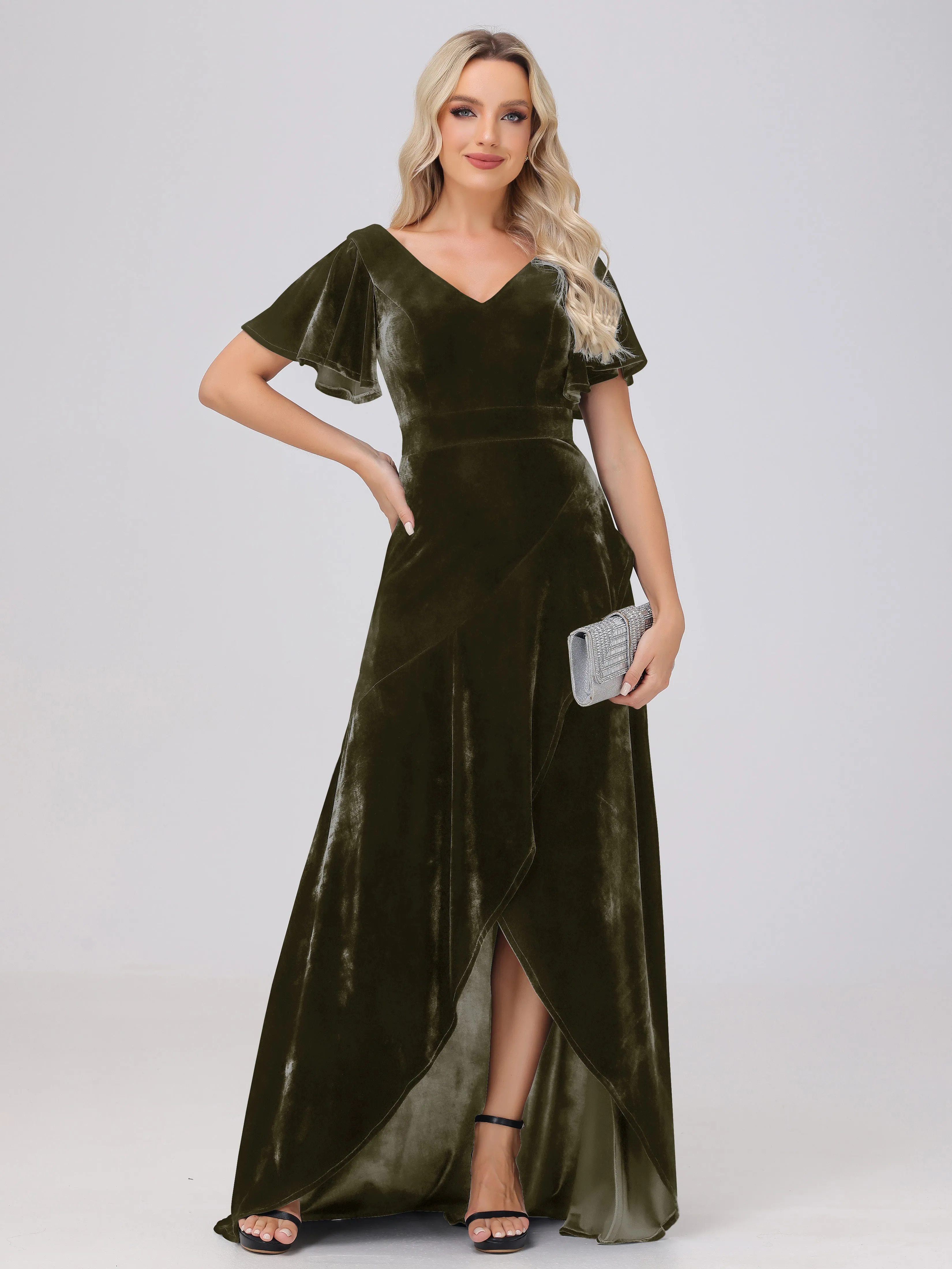 V-Neck Short Sleeves Ruffles Velvet Bridesmaid Dresses