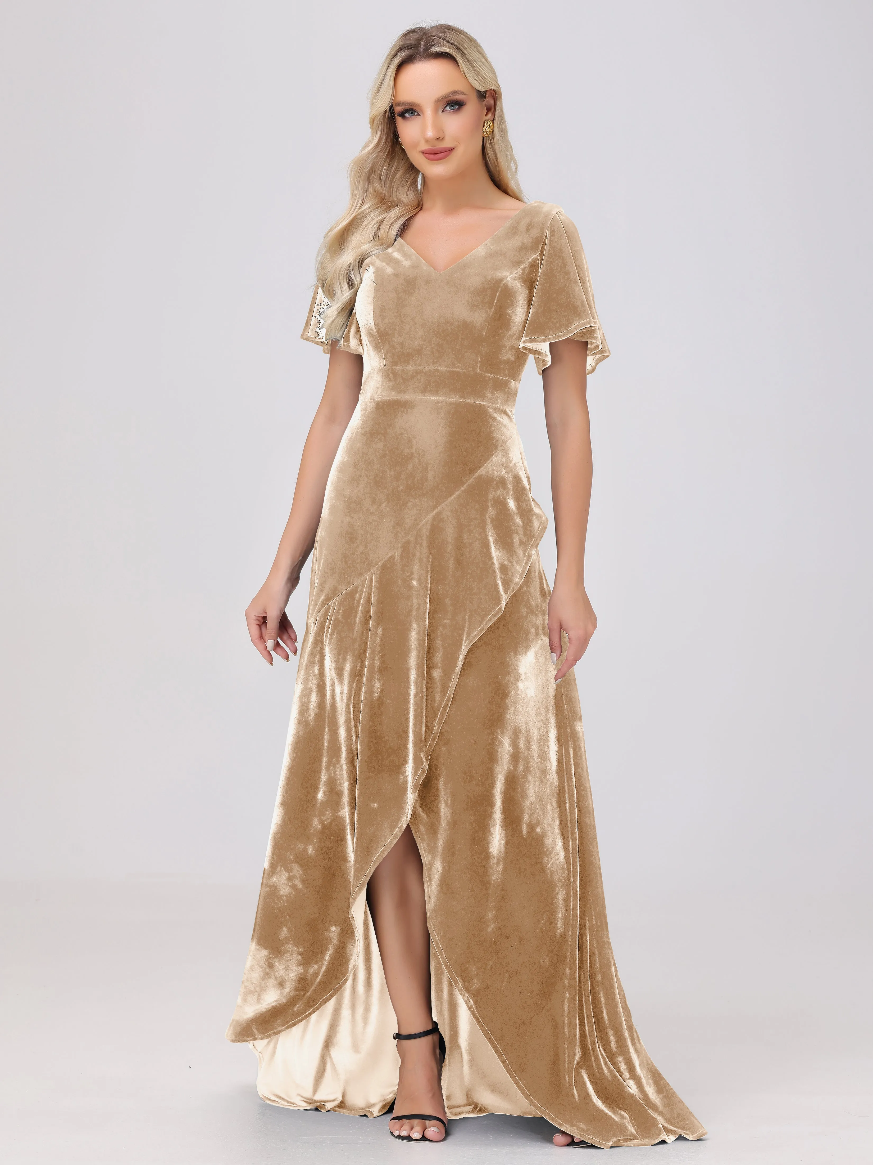 V-Neck Short Sleeves Ruffles Velvet Bridesmaid Dresses