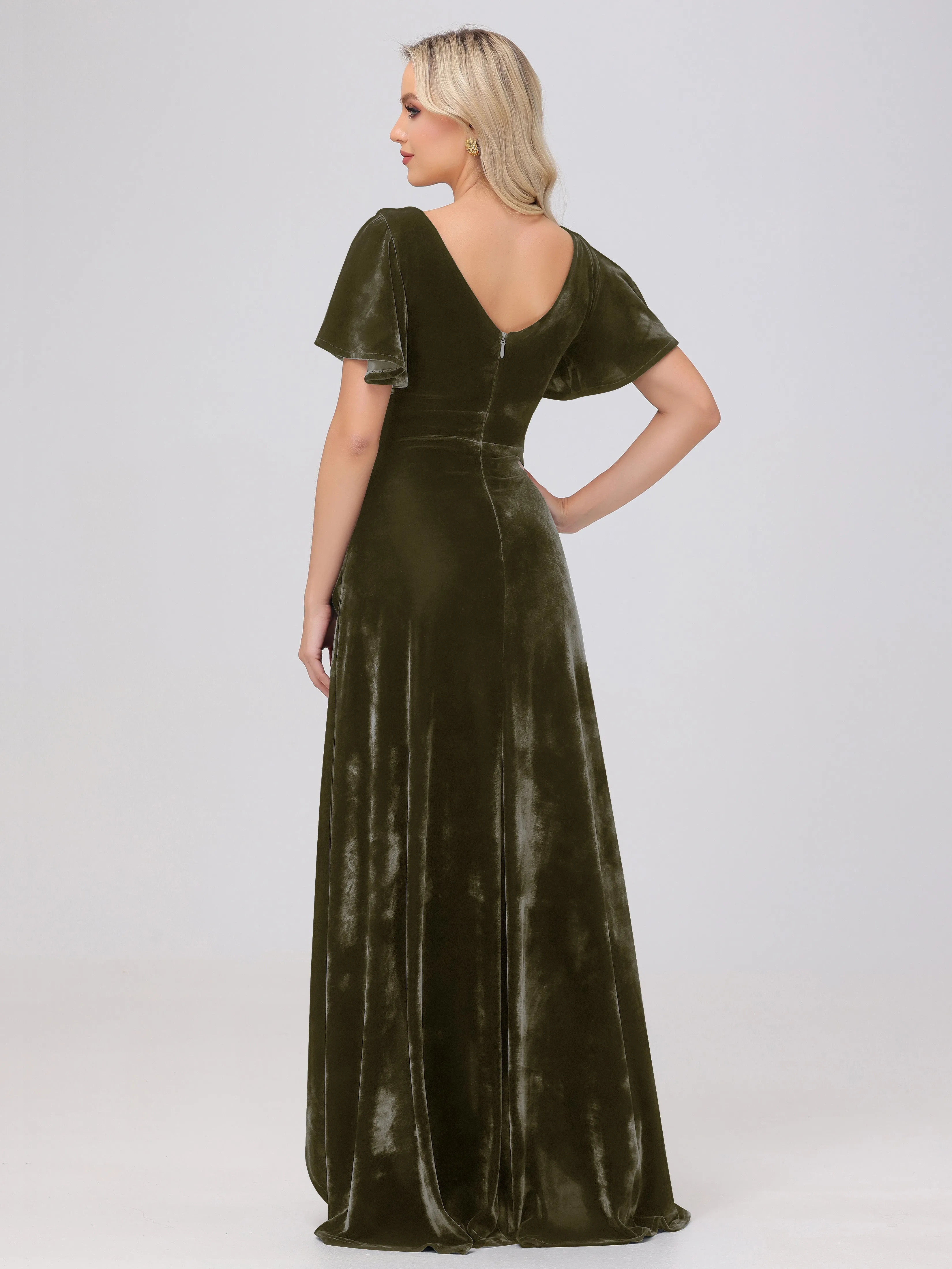 V-Neck Short Sleeves Ruffles Velvet Bridesmaid Dresses