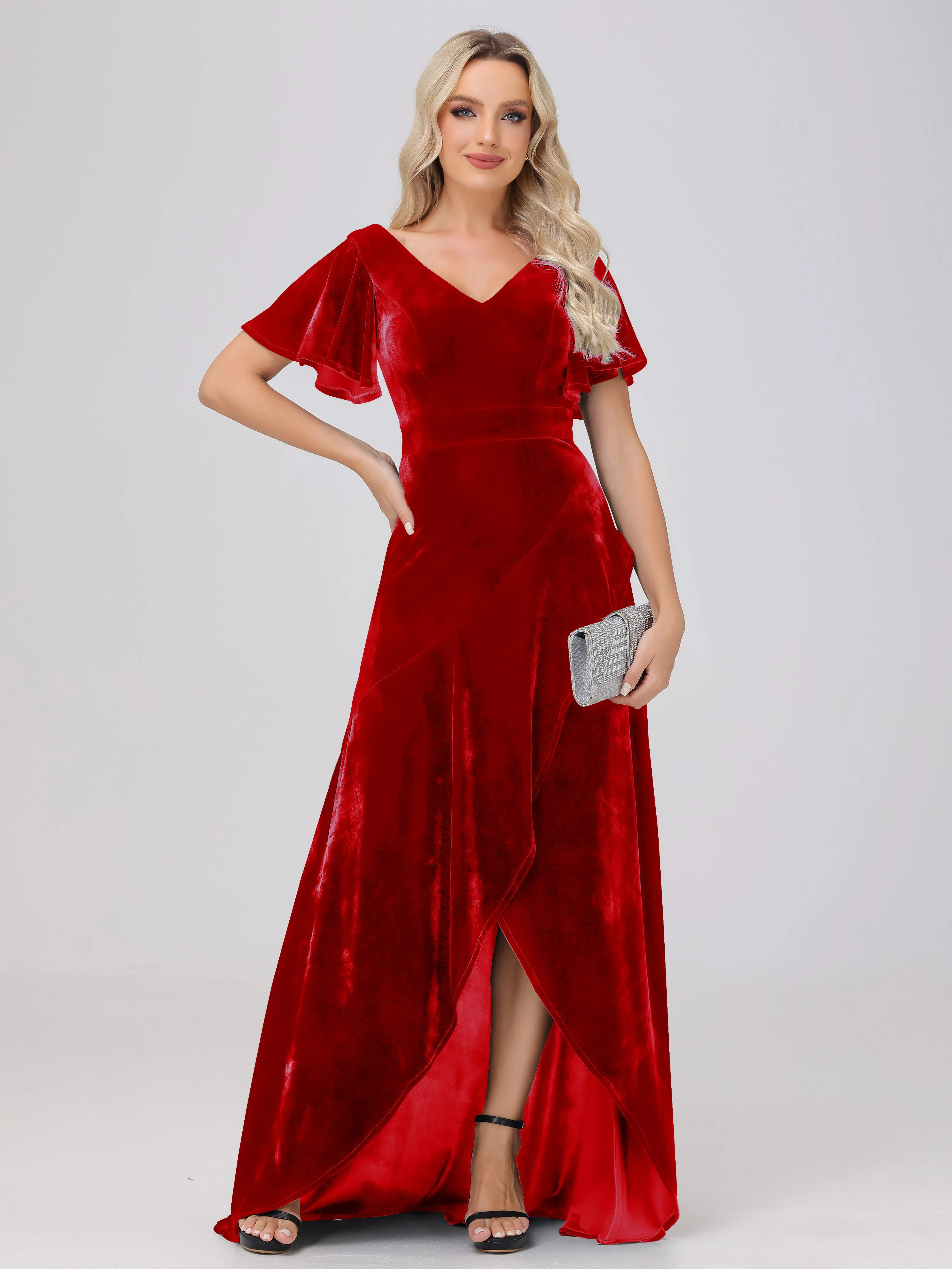V-Neck Short Sleeves Ruffles Velvet Bridesmaid Dresses