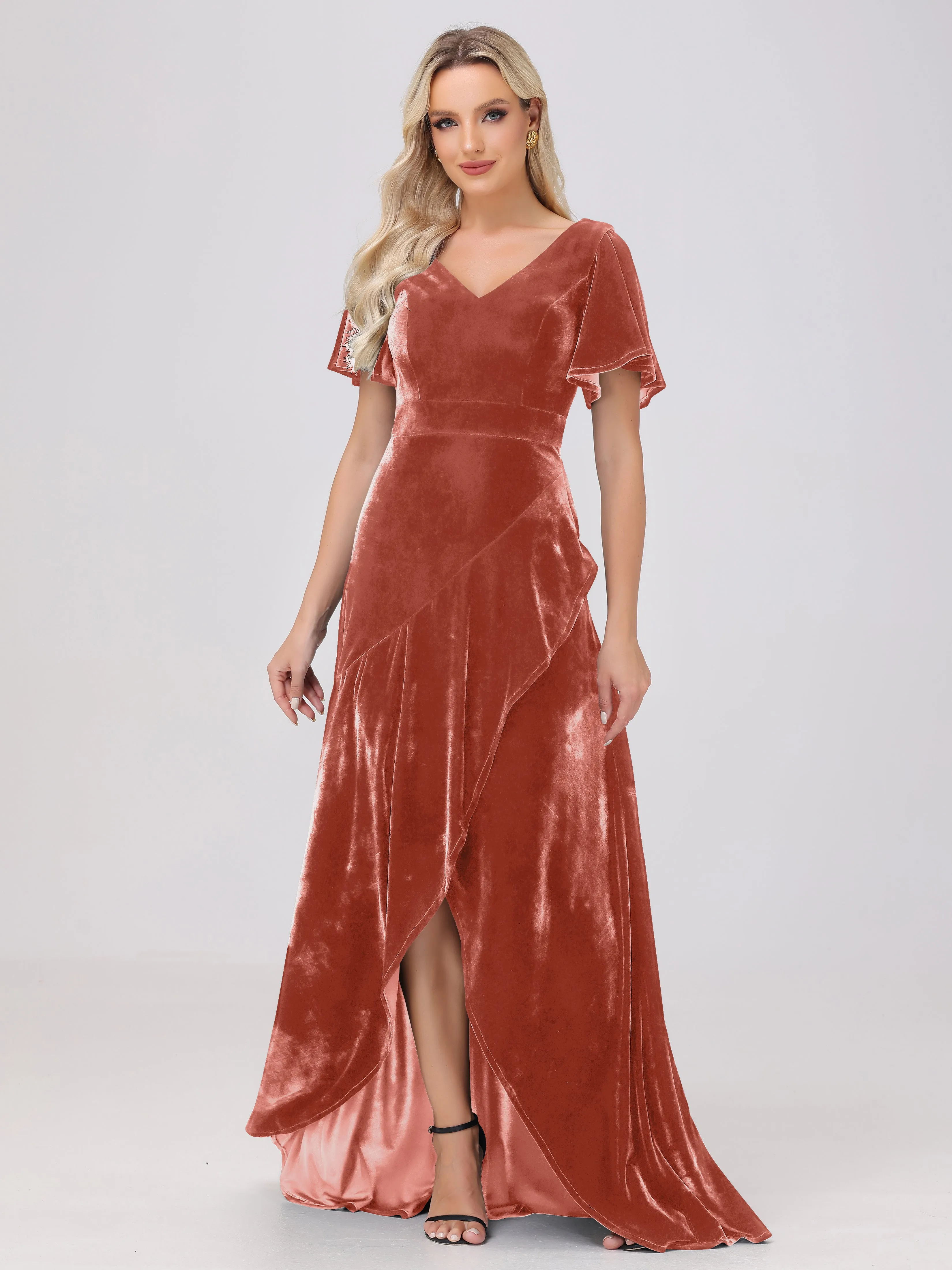 V-Neck Short Sleeves Ruffles Velvet Bridesmaid Dresses