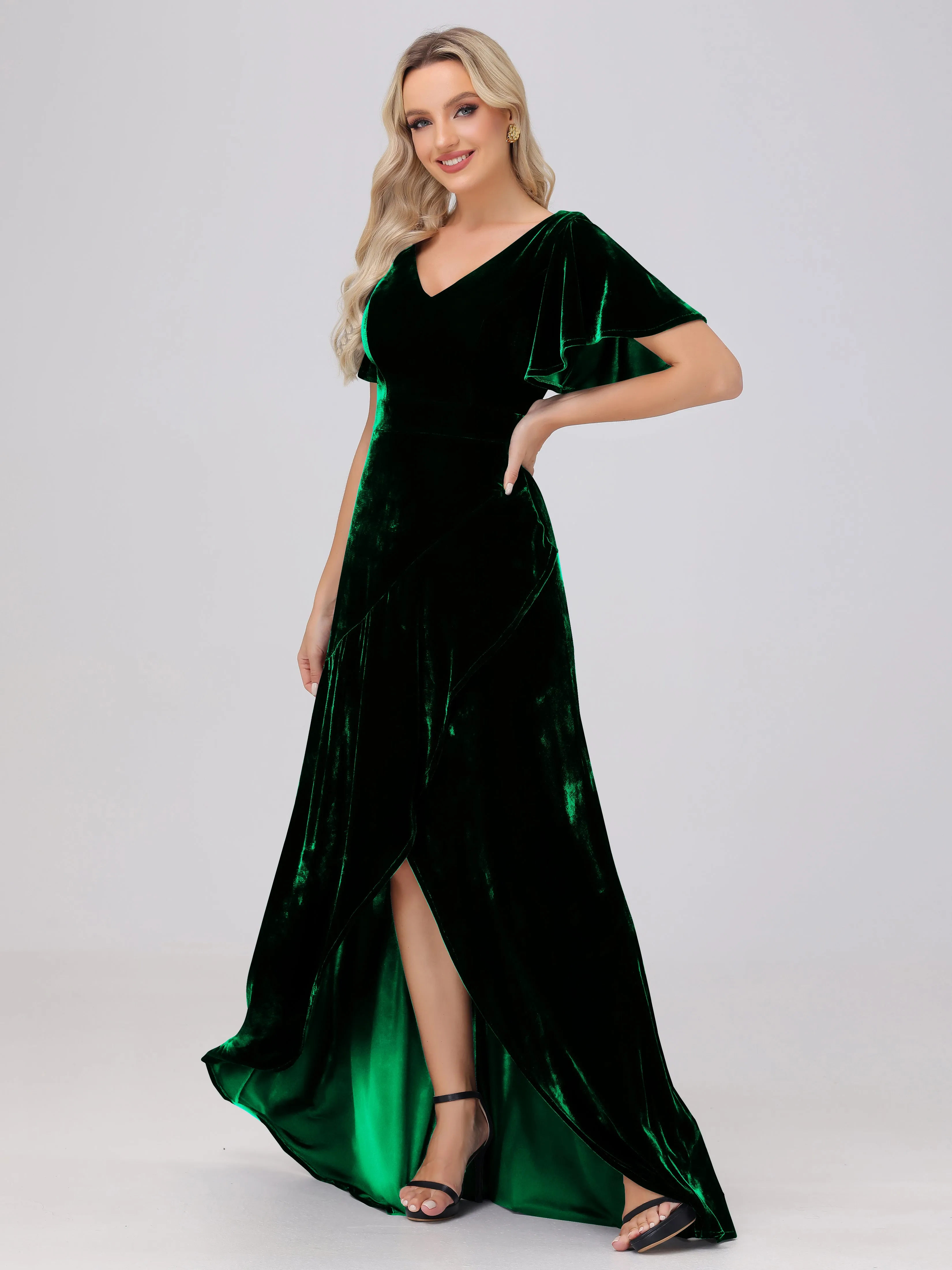 V-Neck Short Sleeves Ruffles Velvet Bridesmaid Dresses