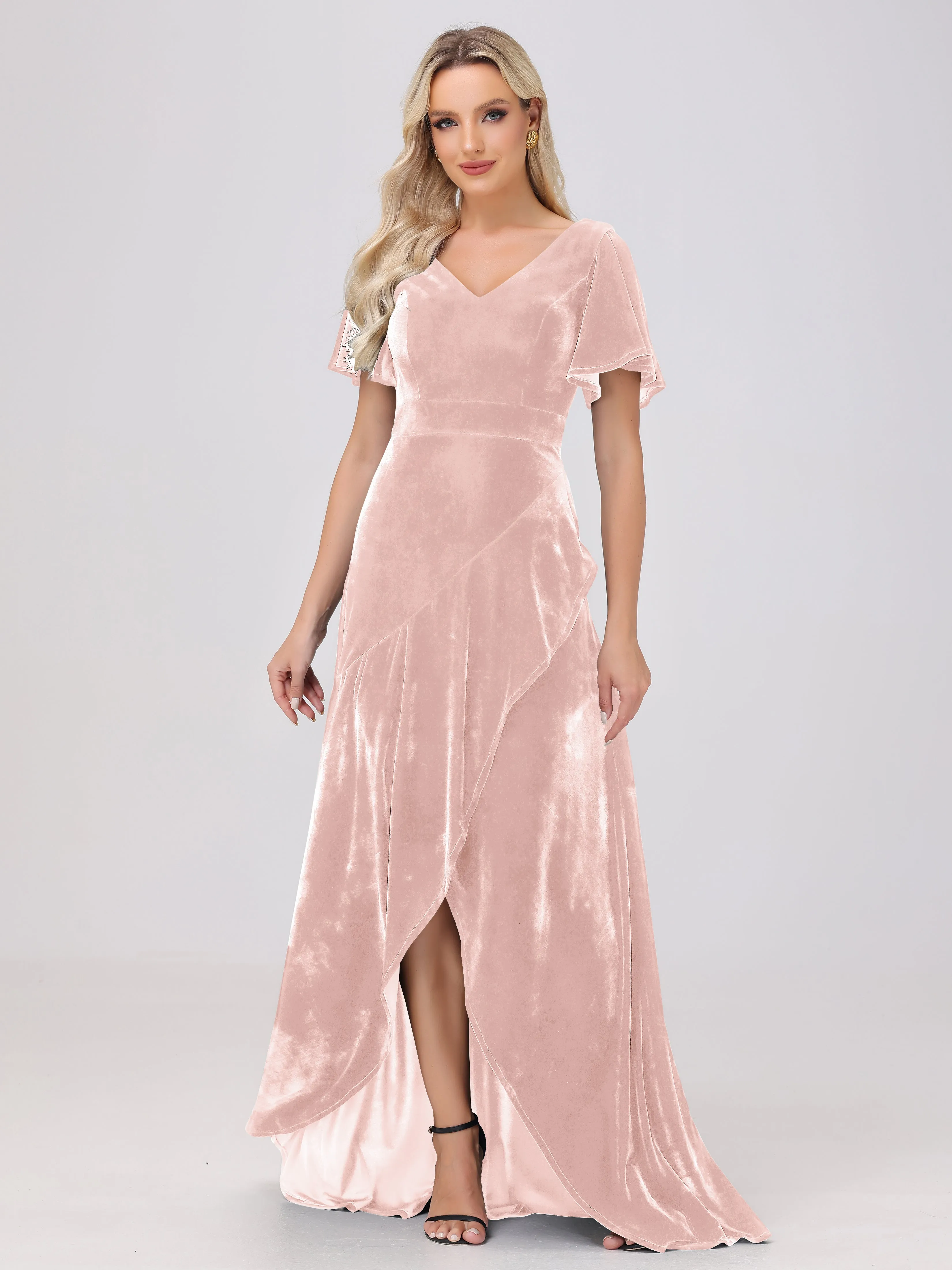 V-Neck Short Sleeves Ruffles Velvet Bridesmaid Dresses