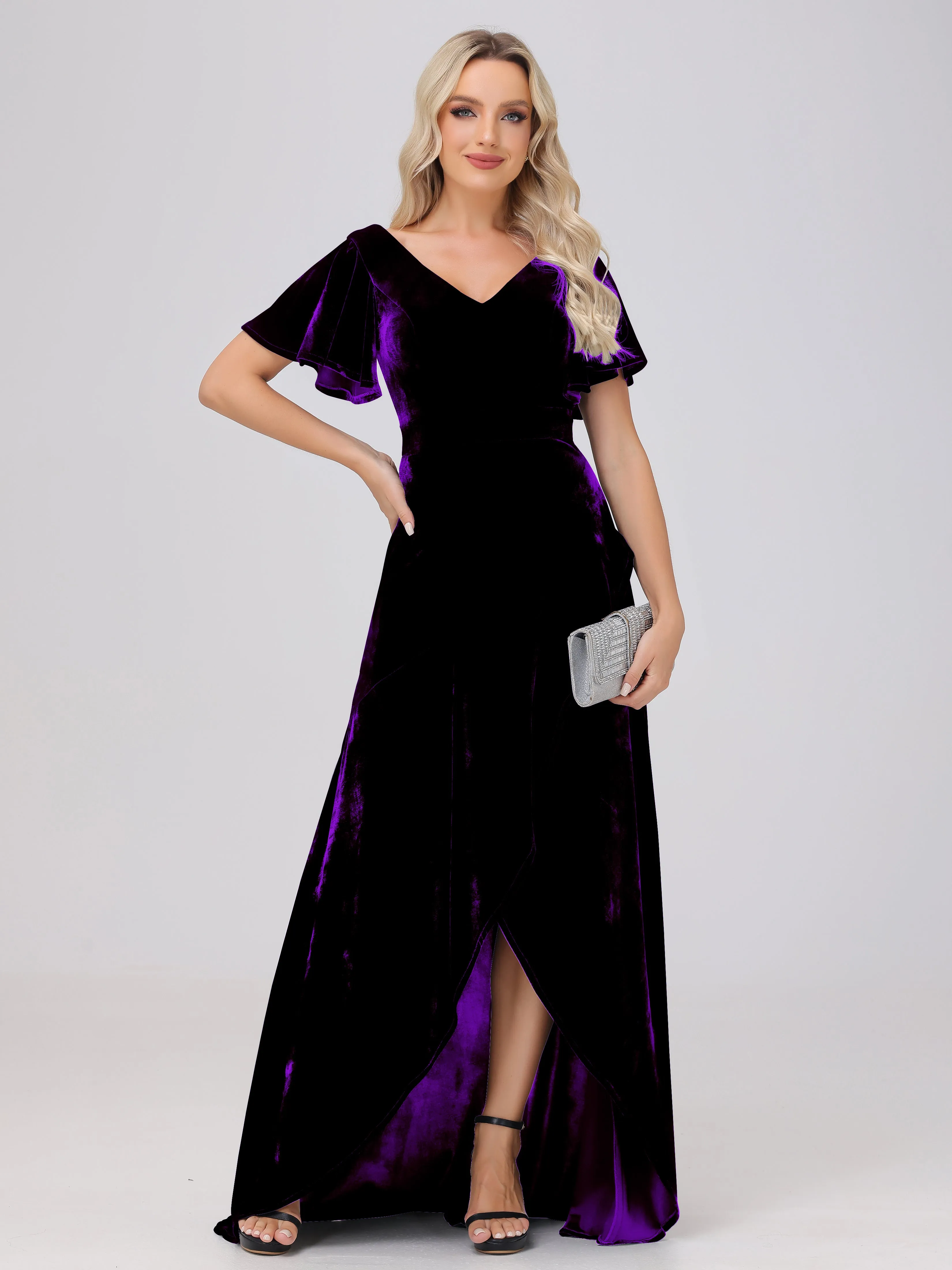 V-Neck Short Sleeves Ruffles Velvet Bridesmaid Dresses