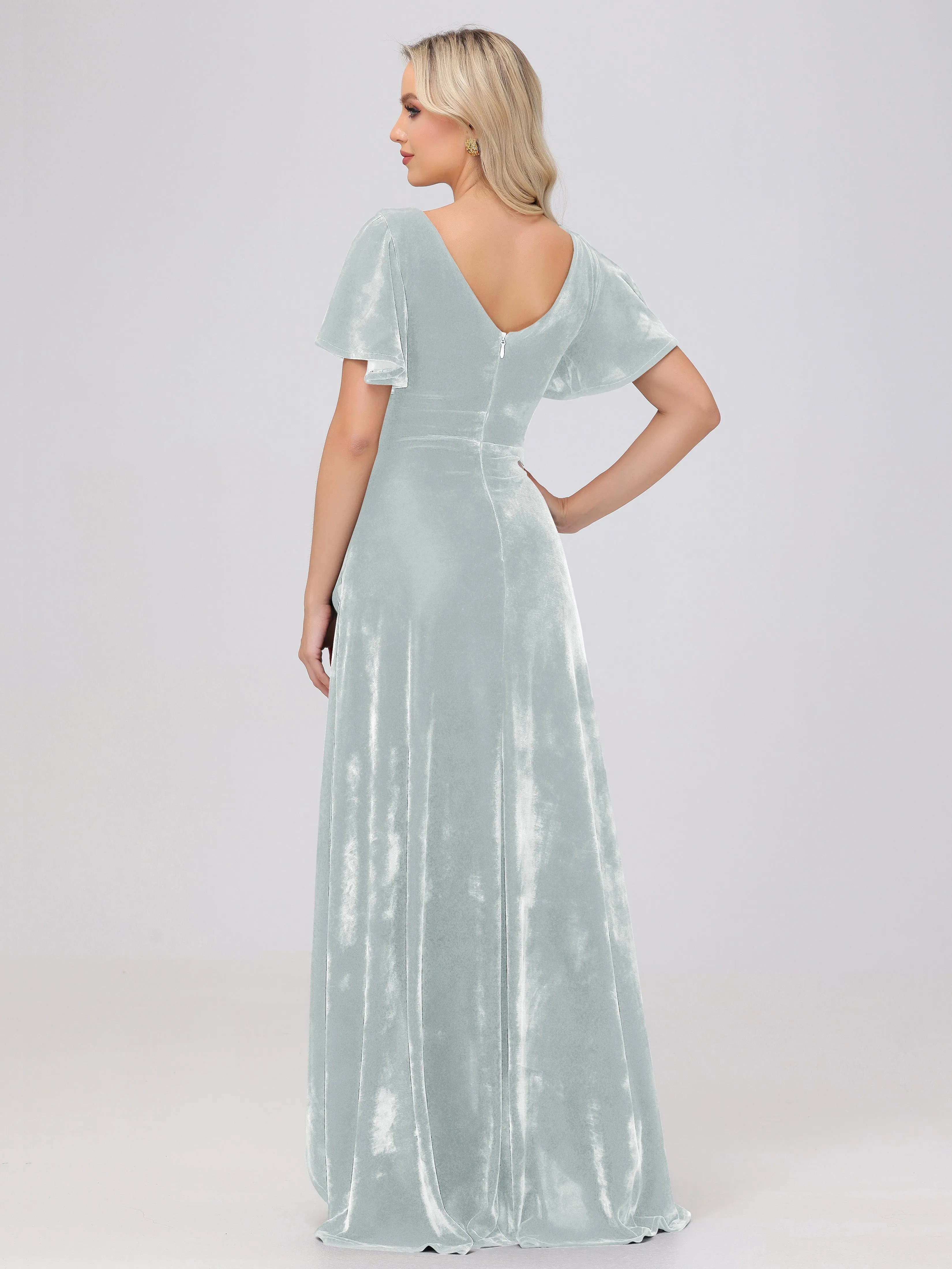 V-Neck Short Sleeves Ruffles Velvet Bridesmaid Dresses
