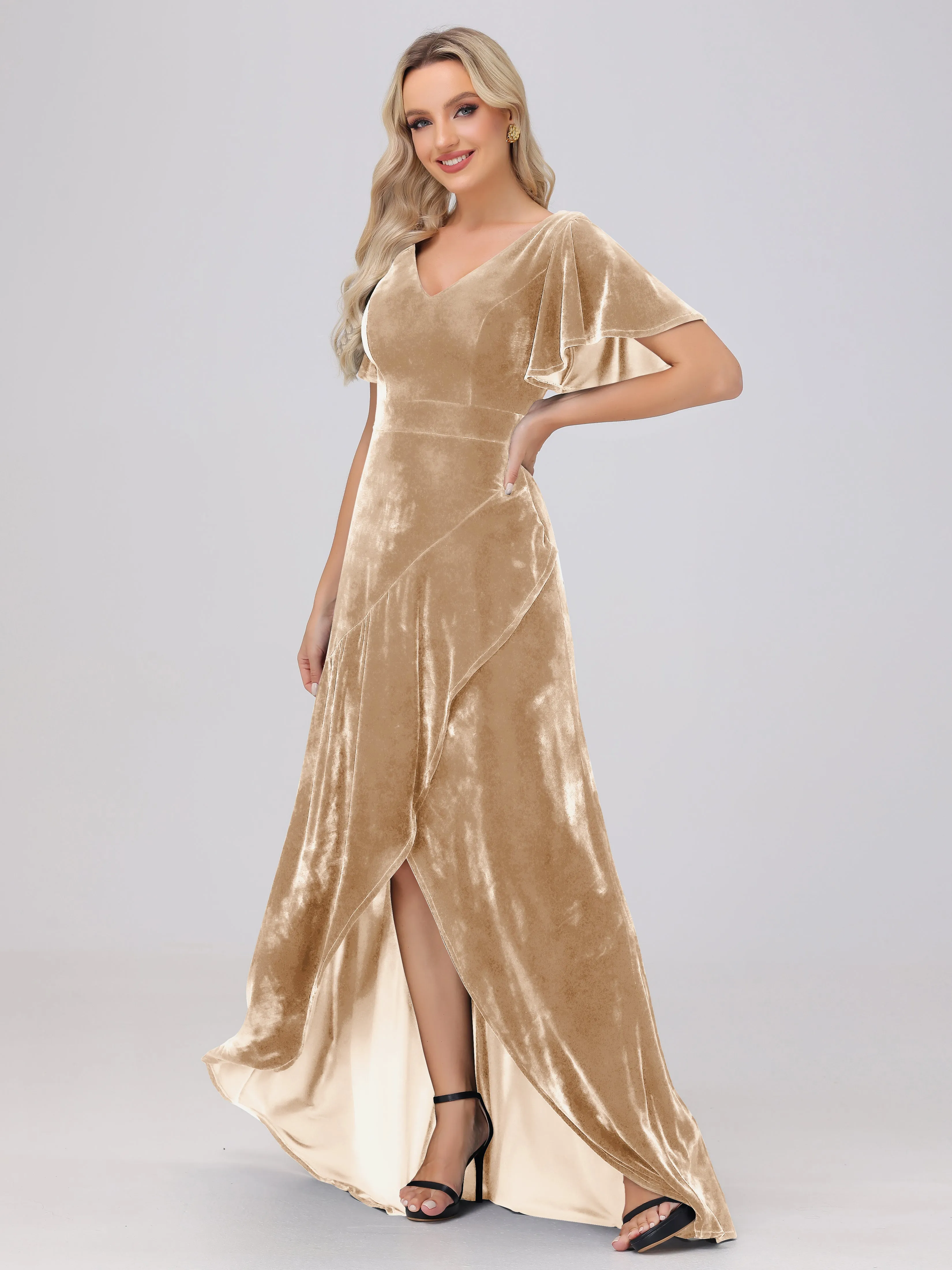 V-Neck Short Sleeves Ruffles Velvet Bridesmaid Dresses