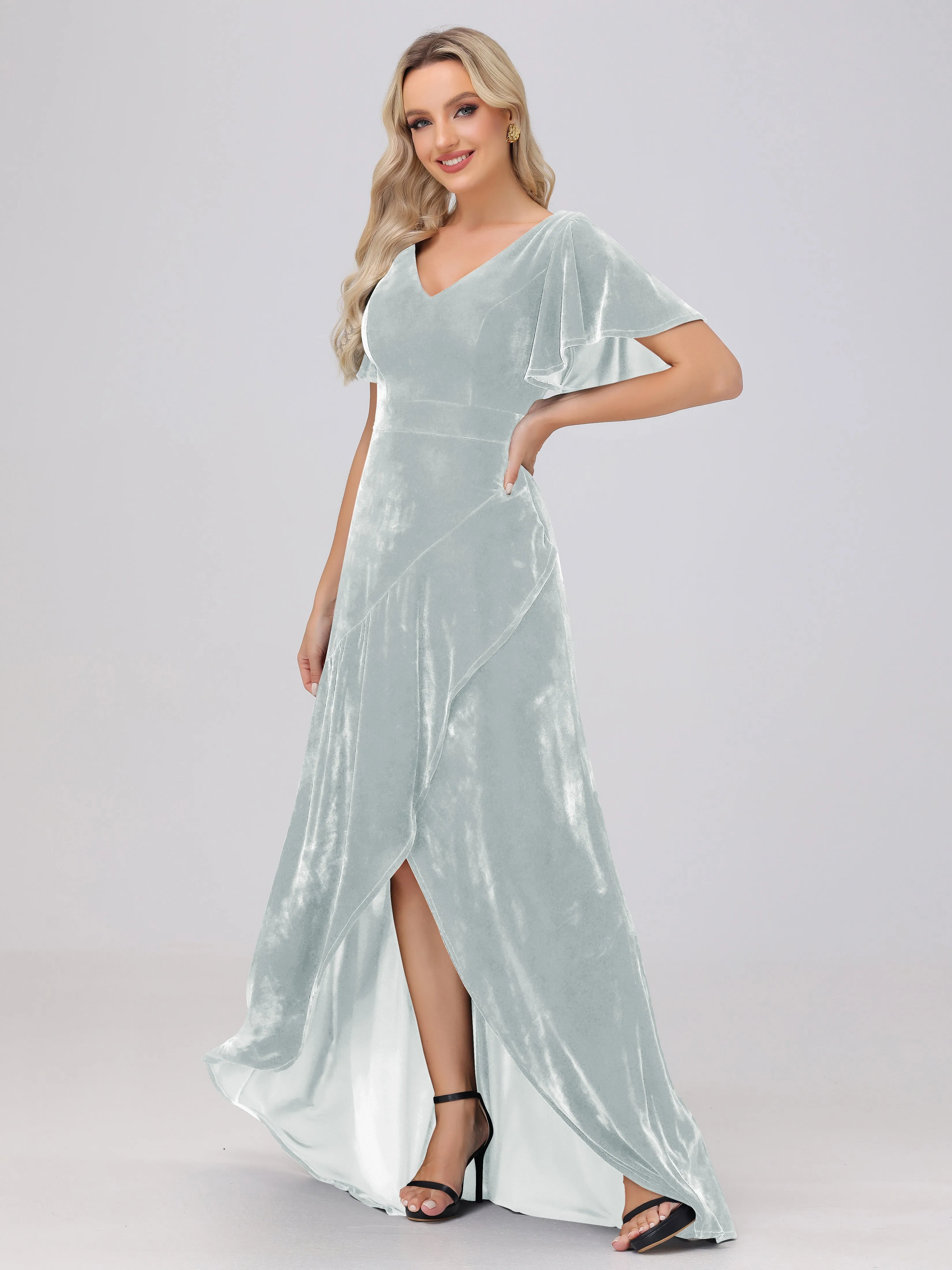 V-Neck Short Sleeves Ruffles Velvet Bridesmaid Dresses