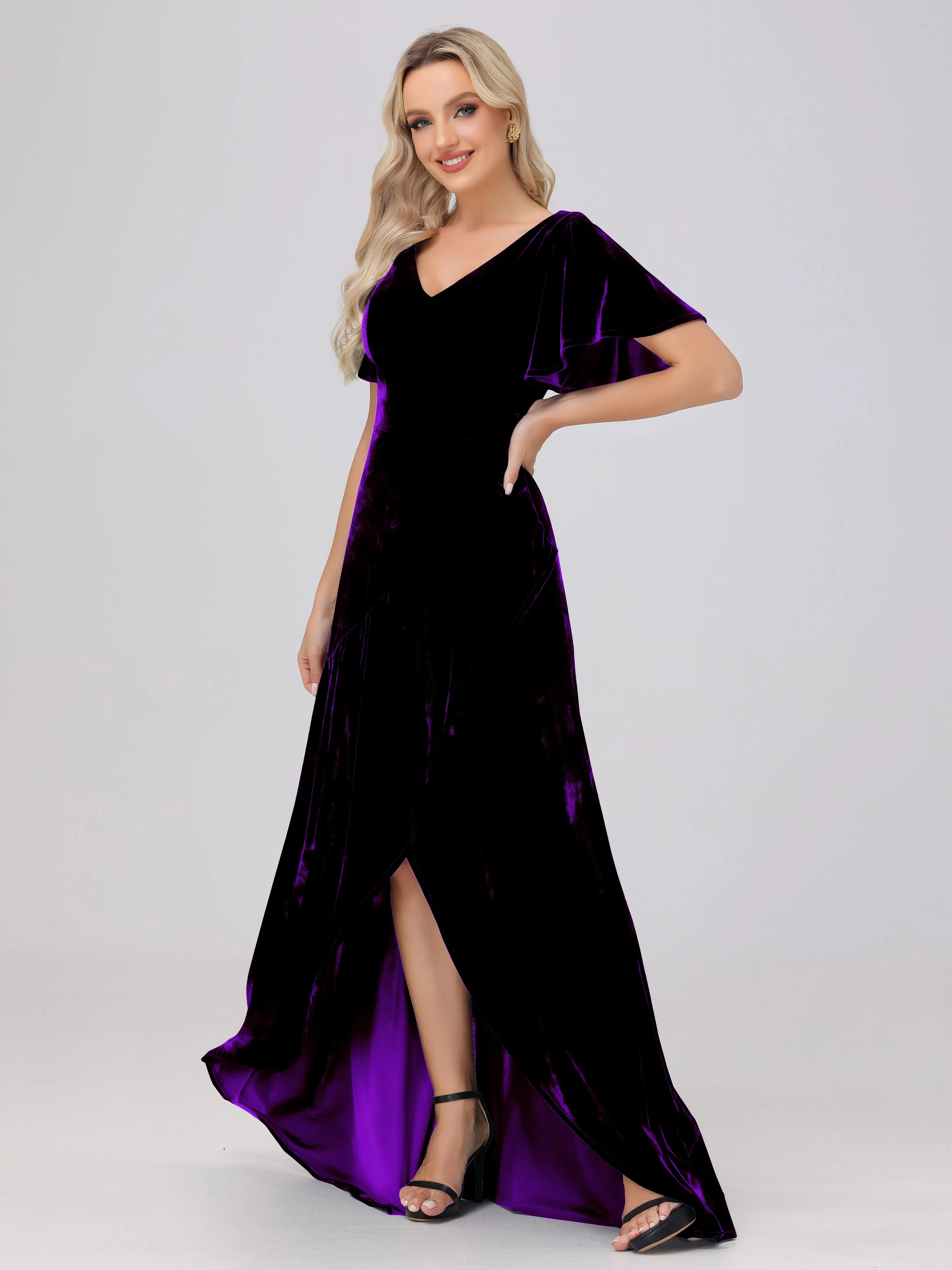V-Neck Short Sleeves Ruffles Velvet Bridesmaid Dresses