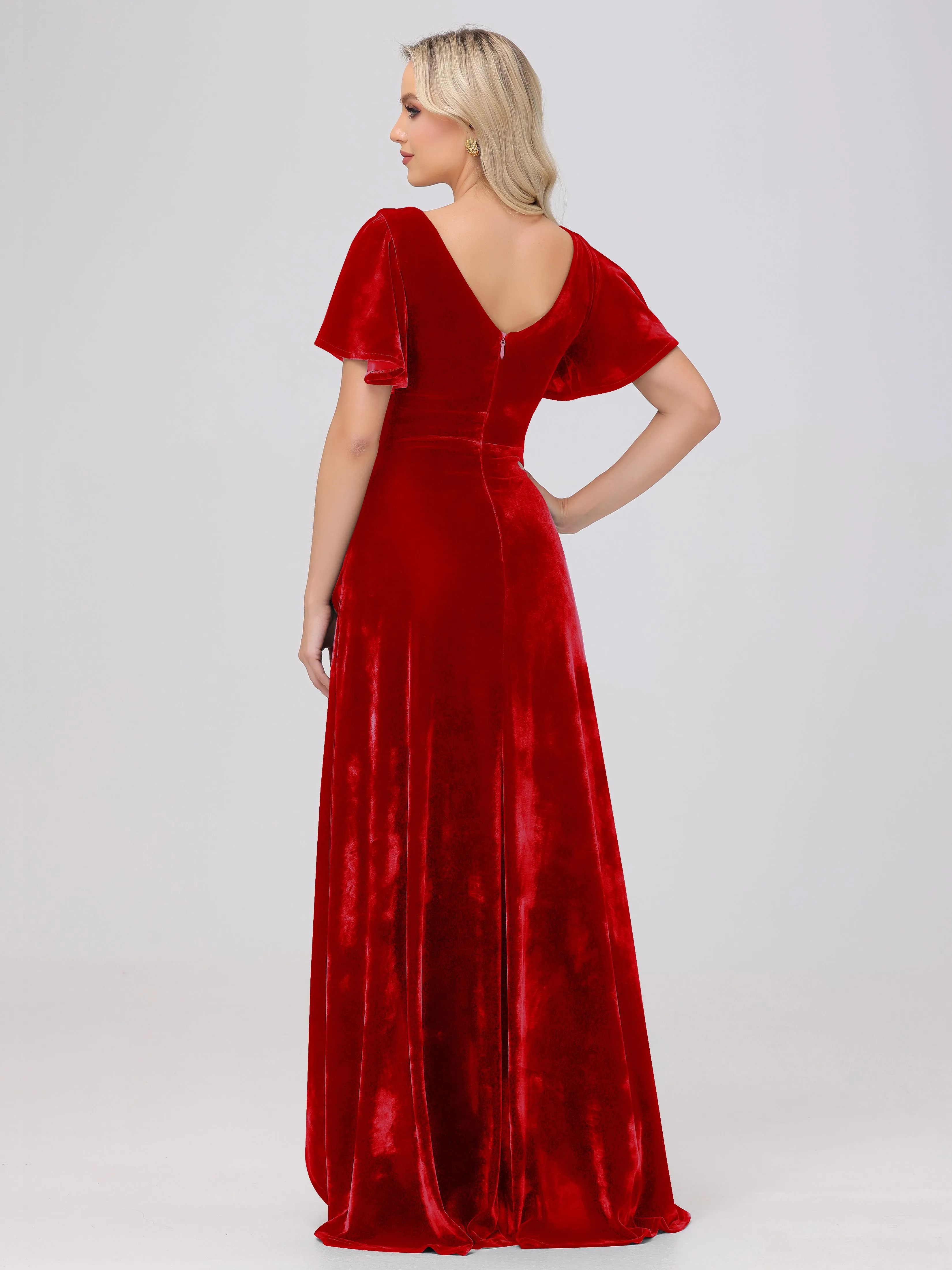 V-Neck Short Sleeves Ruffles Velvet Bridesmaid Dresses