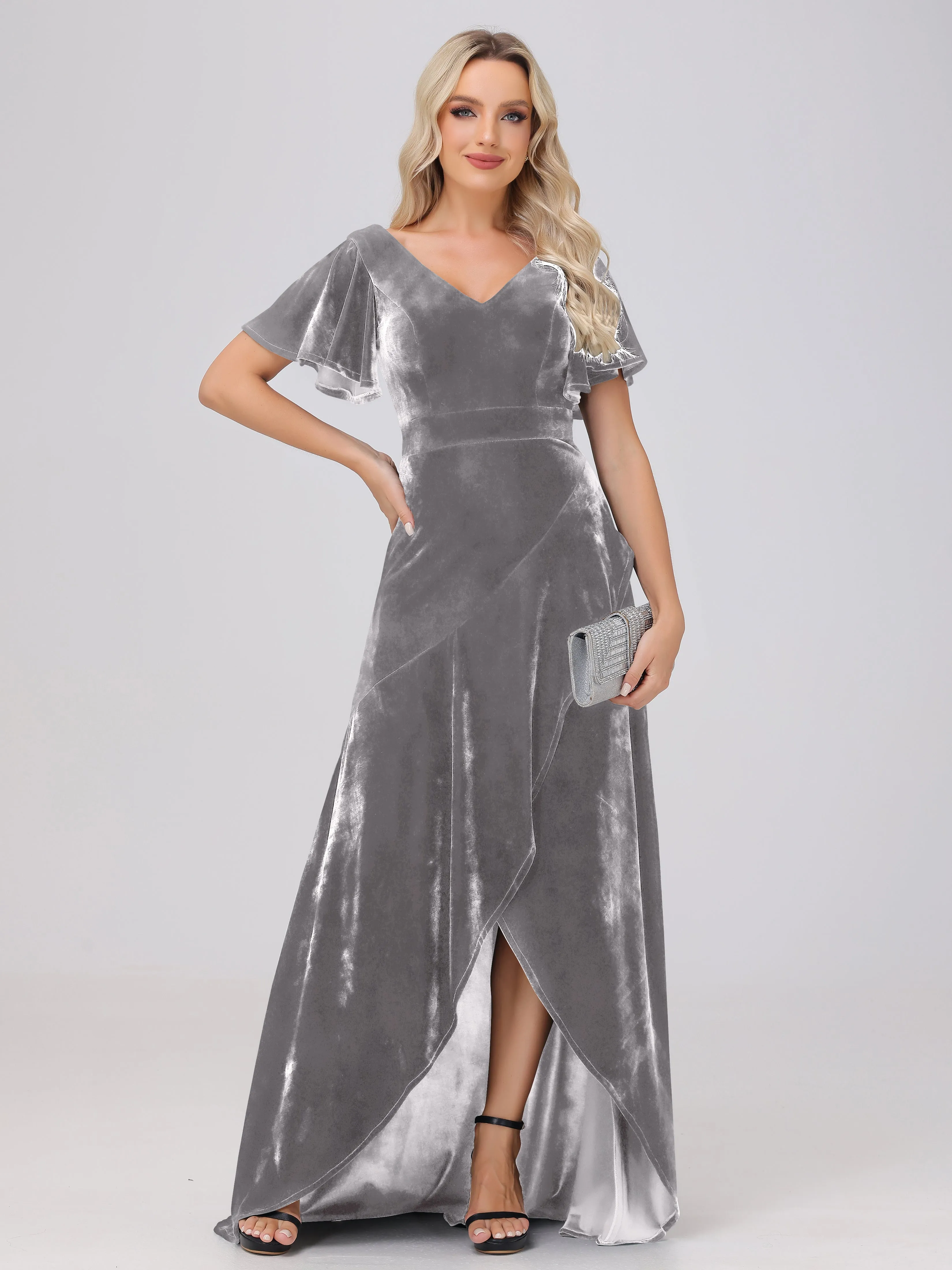 V-Neck Short Sleeves Ruffles Velvet Bridesmaid Dresses