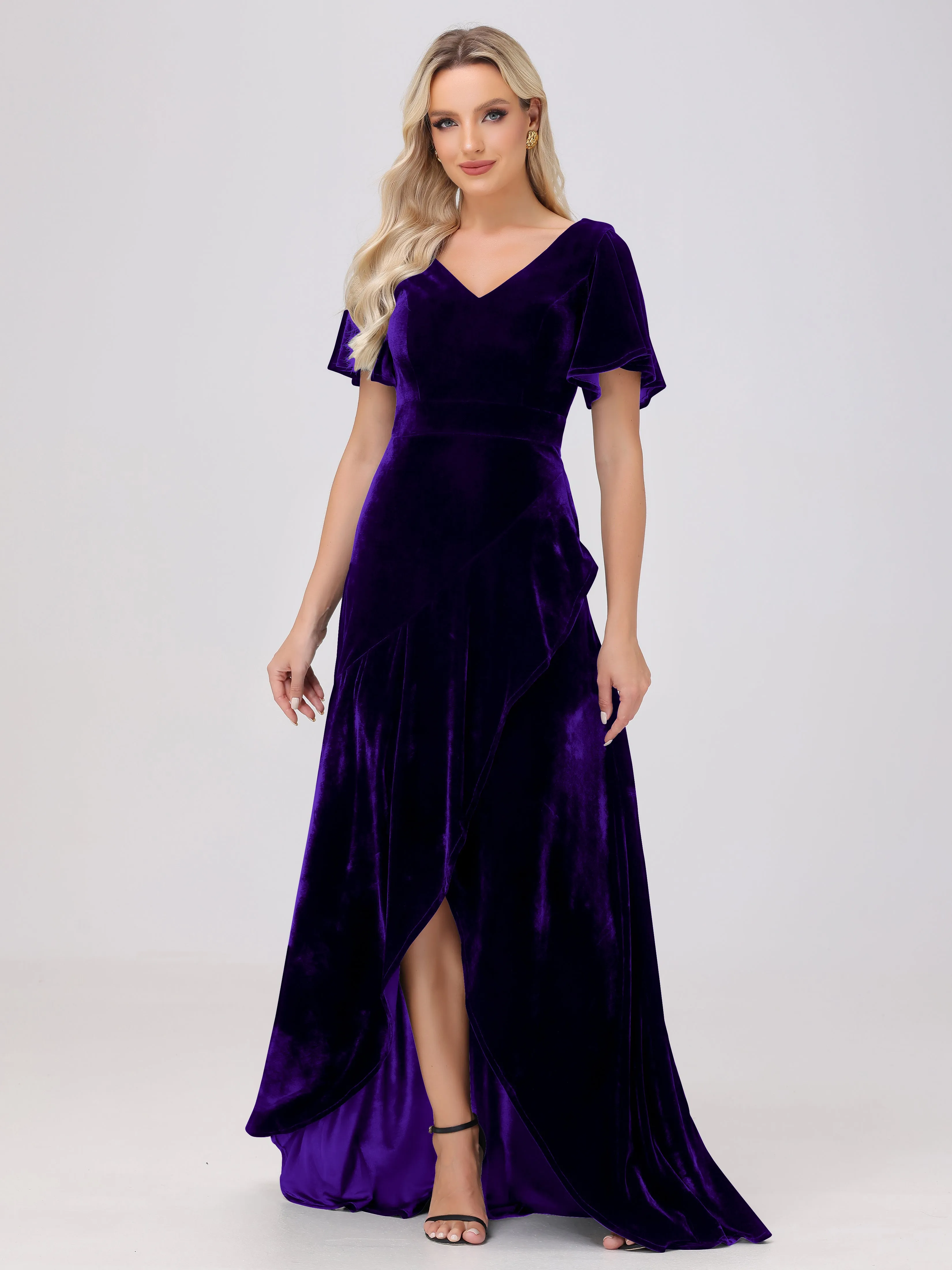 V-Neck Short Sleeves Ruffles Velvet Bridesmaid Dresses