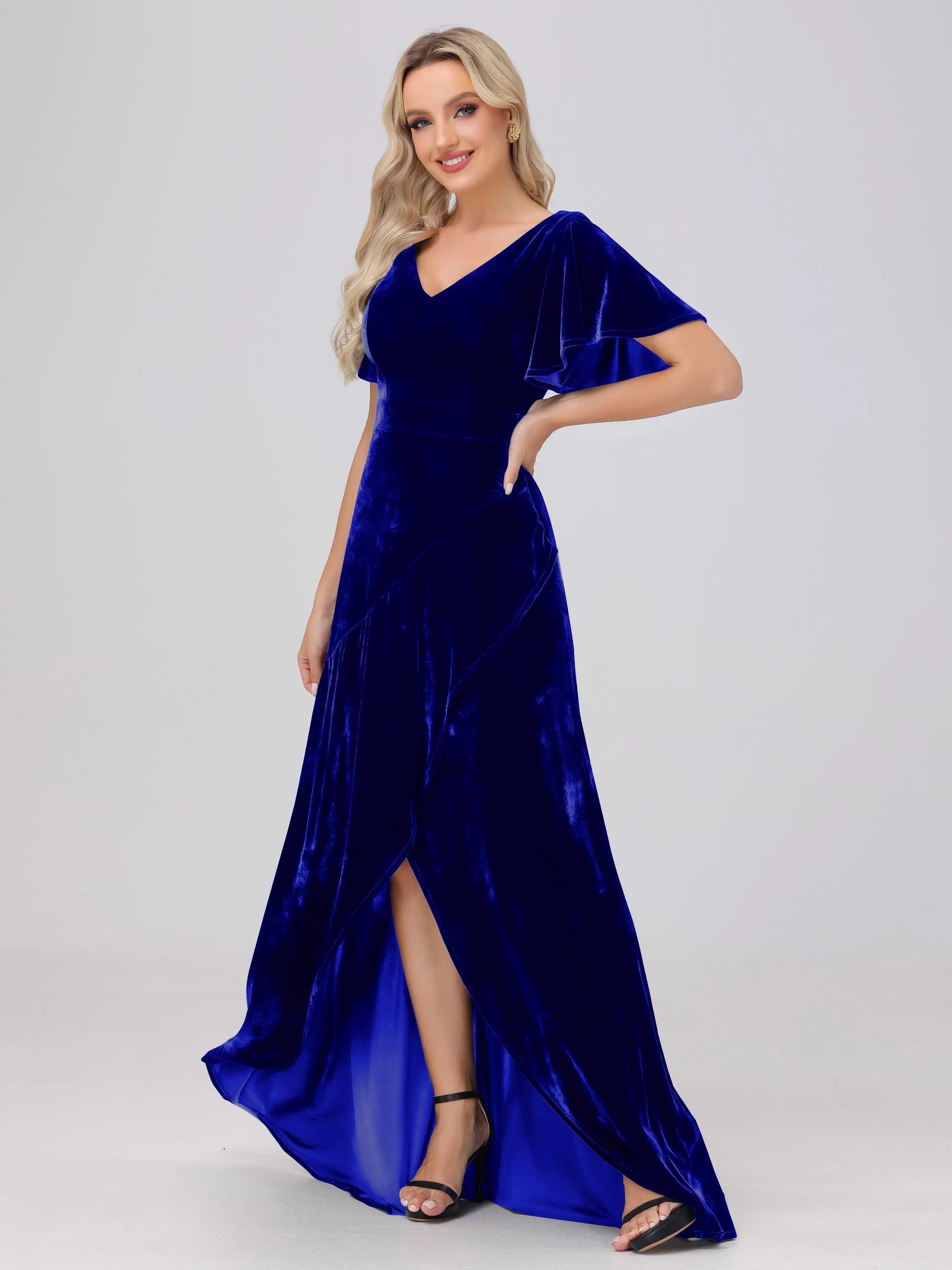 V-Neck Short Sleeves Ruffles Velvet Bridesmaid Dresses