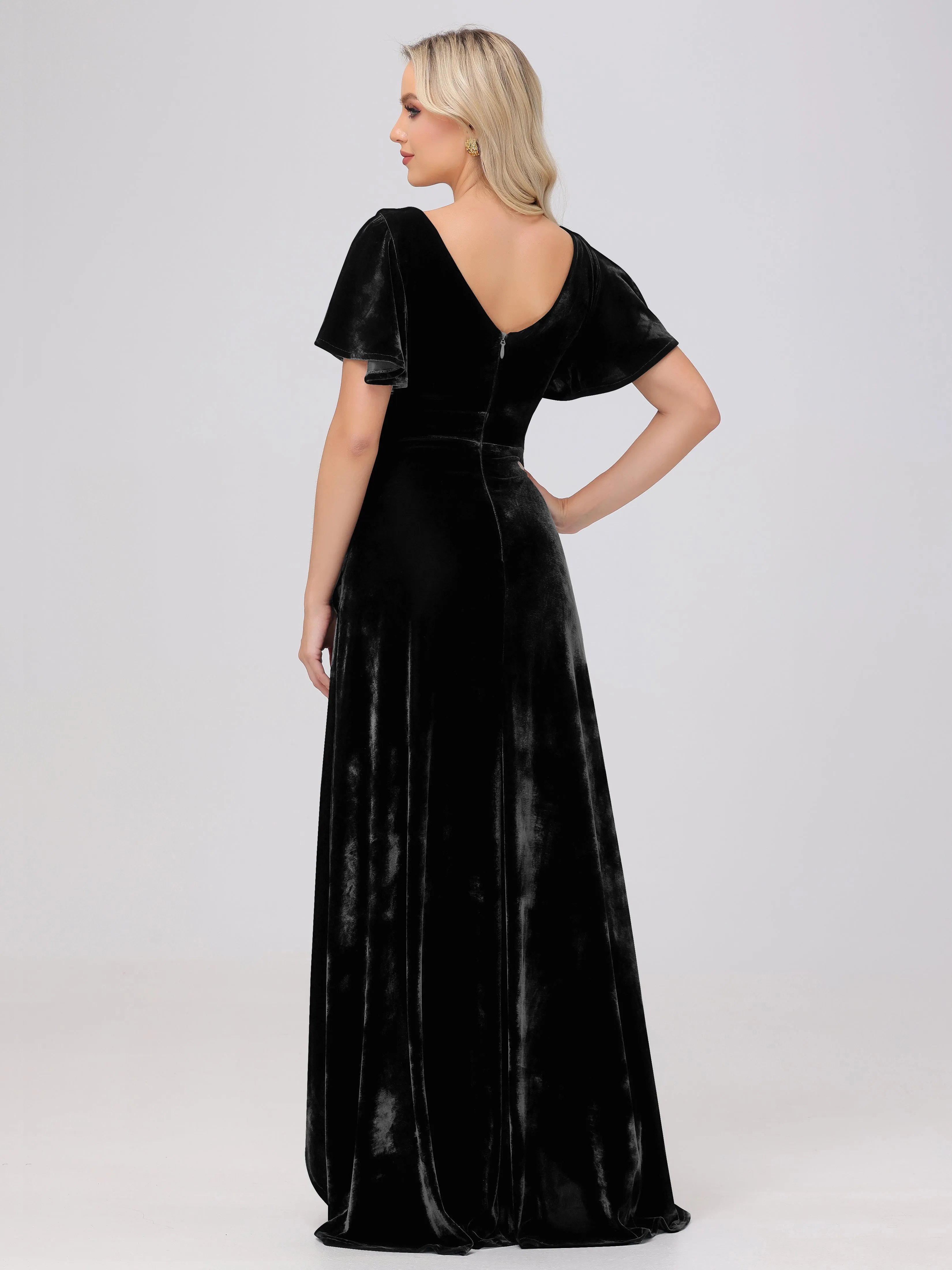 V-Neck Short Sleeves Ruffles Velvet Bridesmaid Dresses