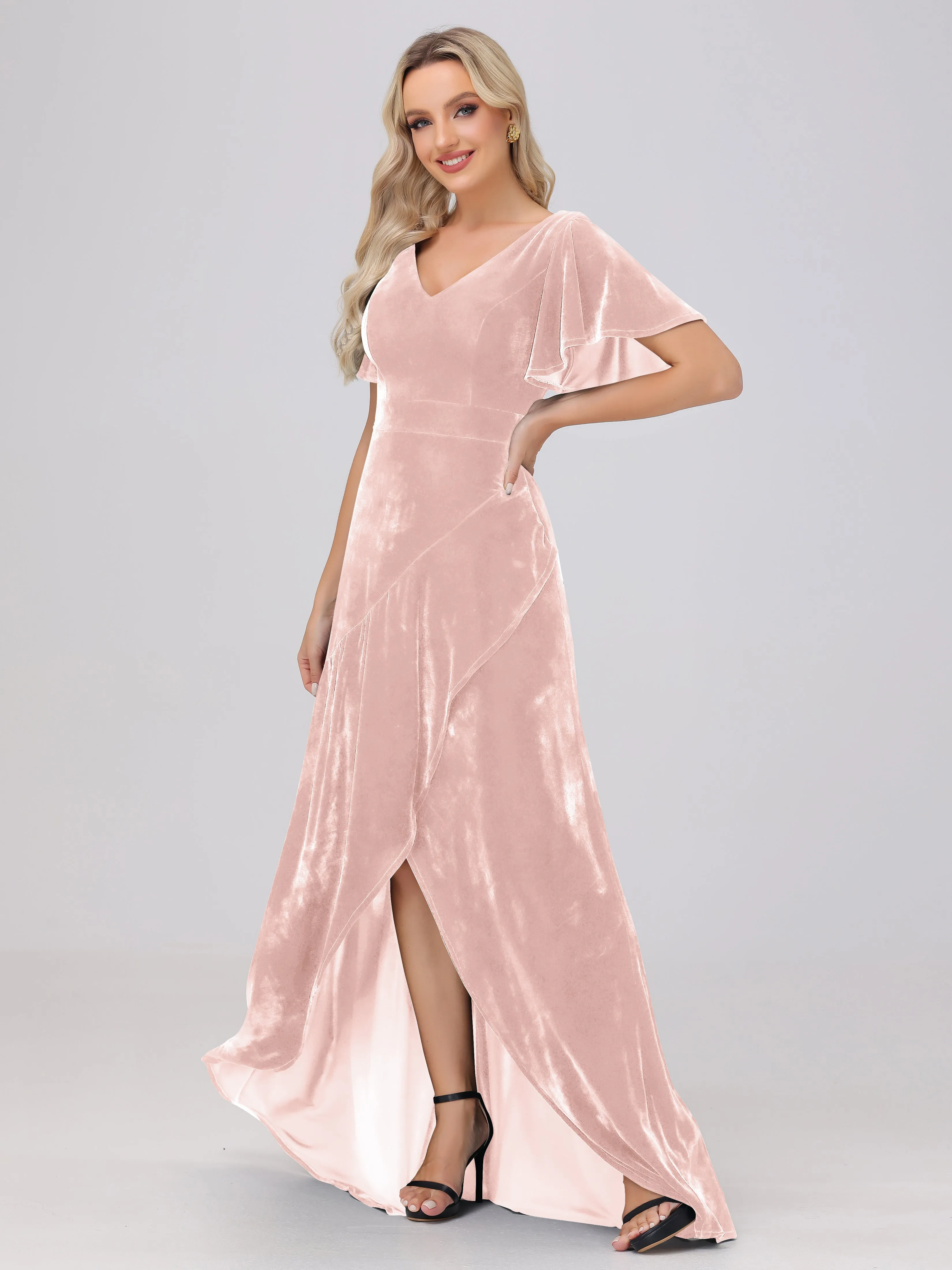 V-Neck Short Sleeves Ruffles Velvet Bridesmaid Dresses