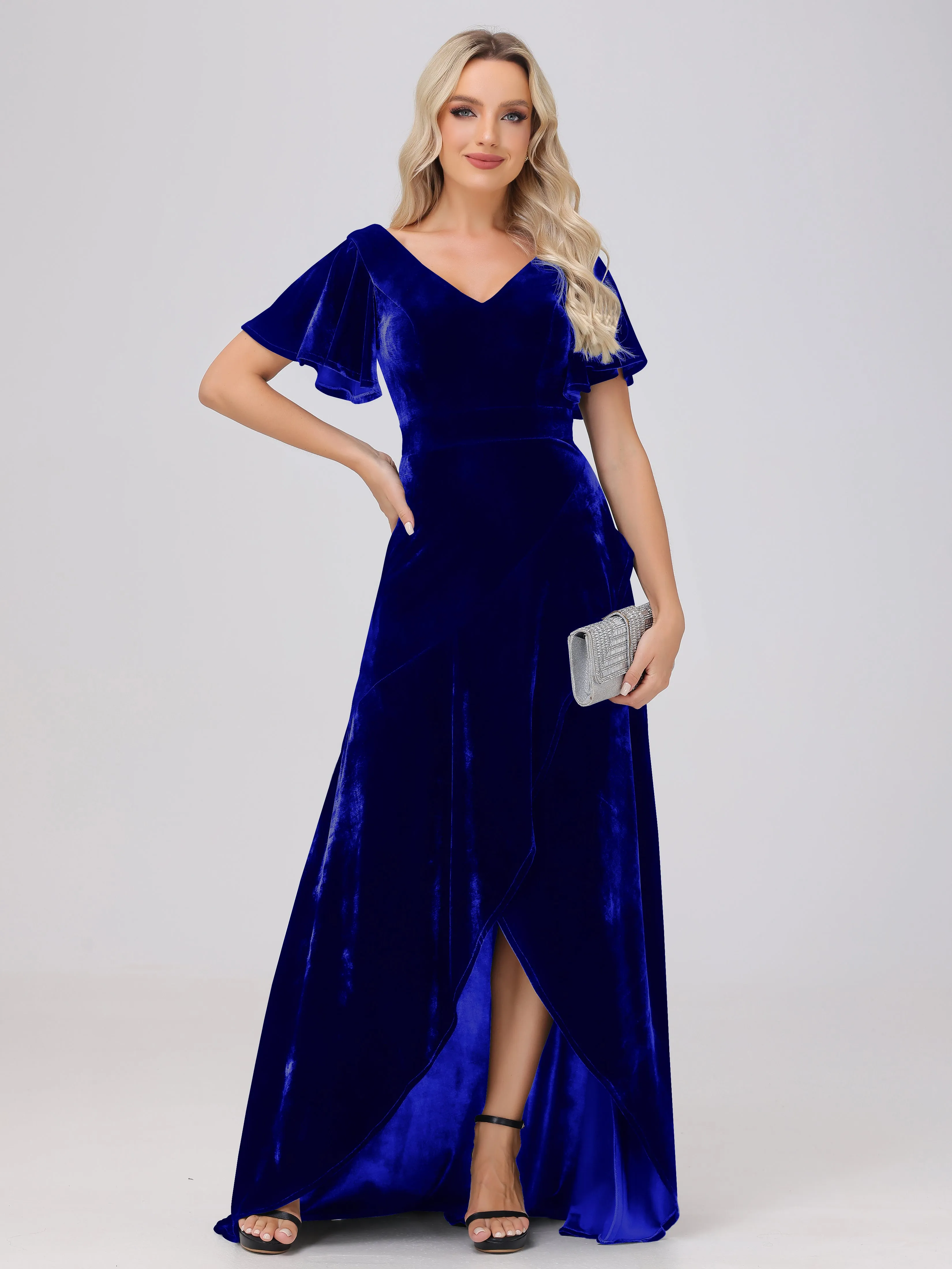 V-Neck Short Sleeves Ruffles Velvet Bridesmaid Dresses