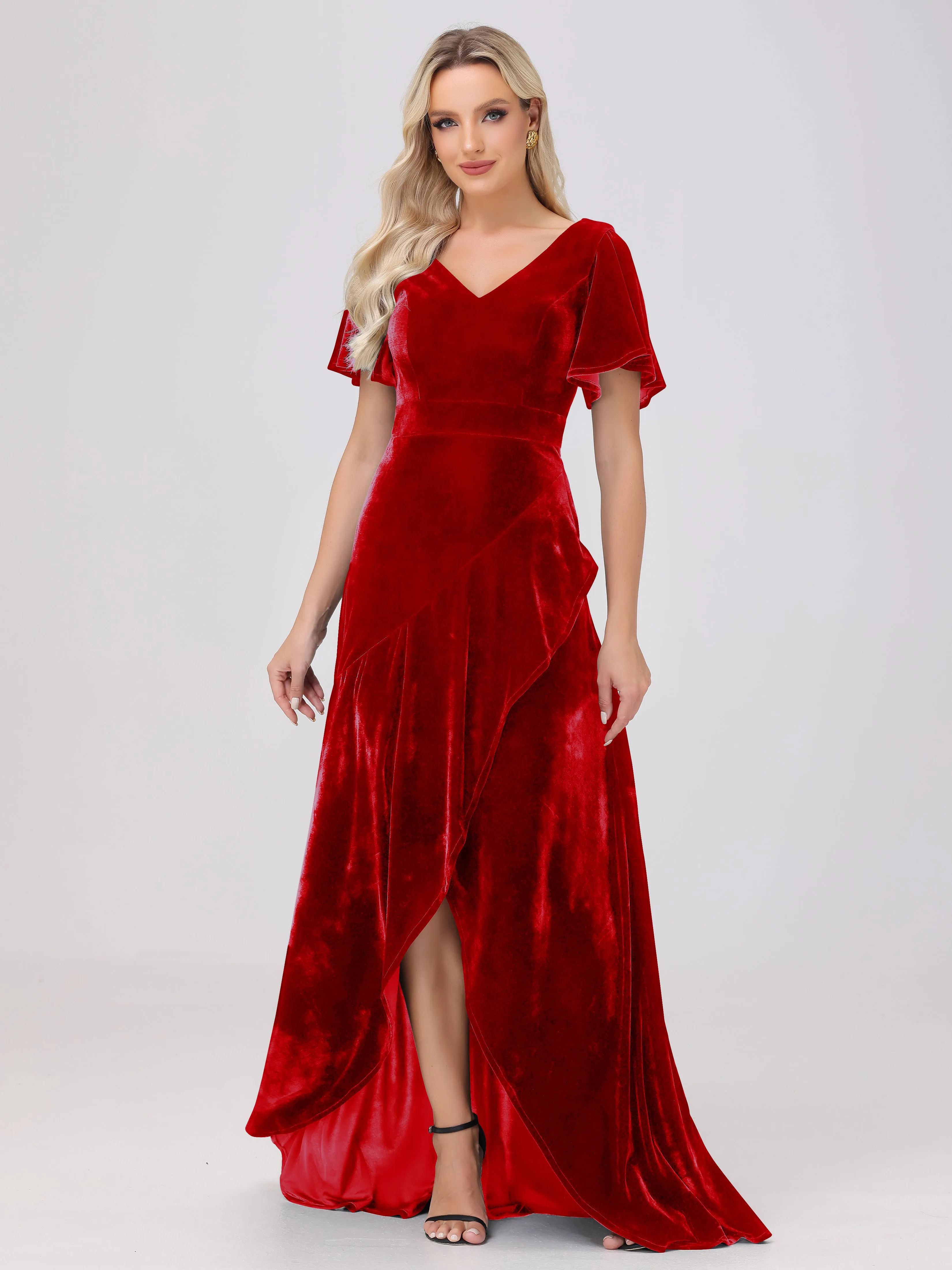 V-Neck Short Sleeves Ruffles Velvet Bridesmaid Dresses