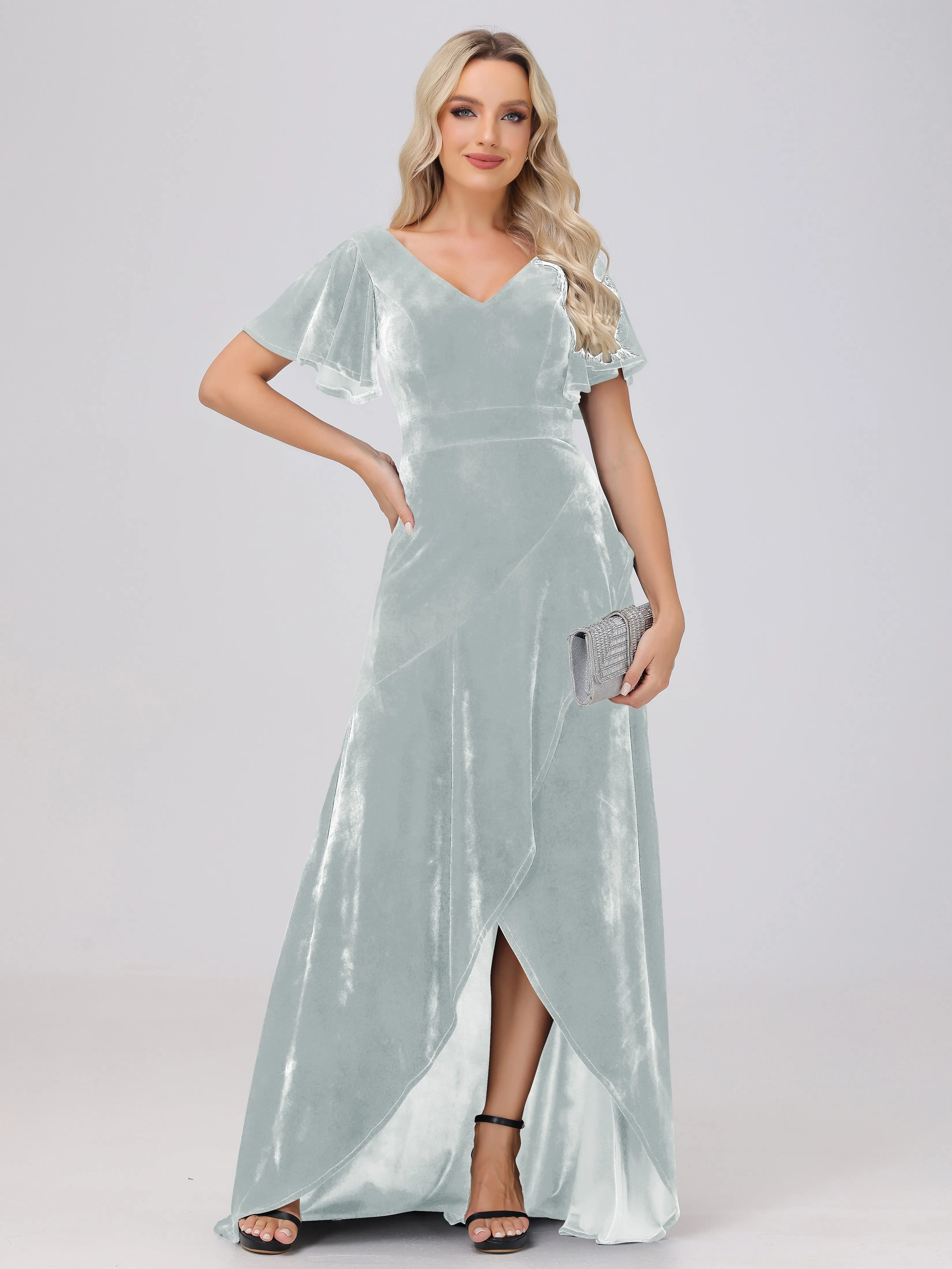 V-Neck Short Sleeves Ruffles Velvet Bridesmaid Dresses
