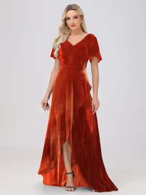V-Neck Short Sleeves Ruffles Velvet Bridesmaid Dresses
