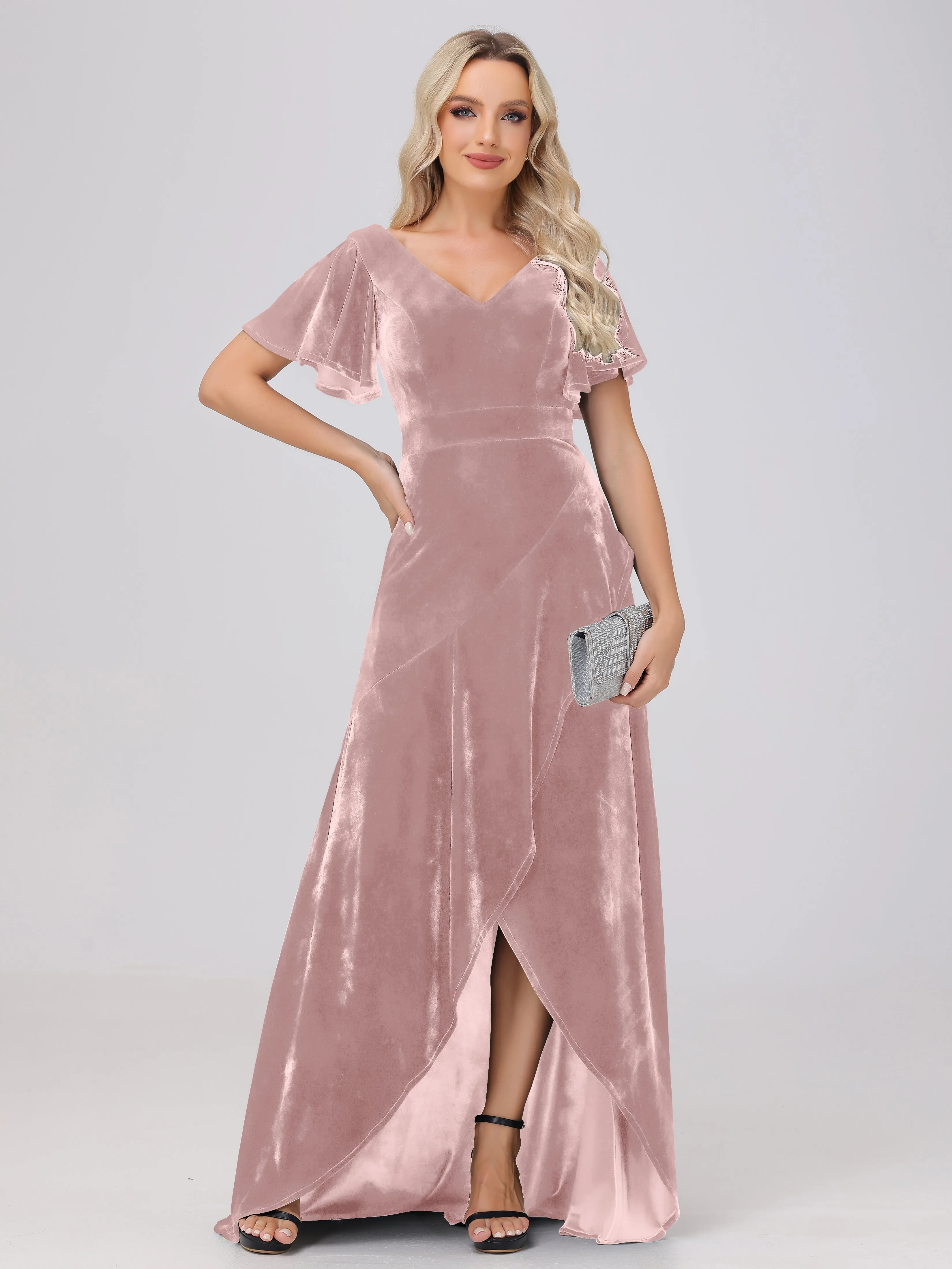 V-Neck Short Sleeves Ruffles Velvet Bridesmaid Dresses
