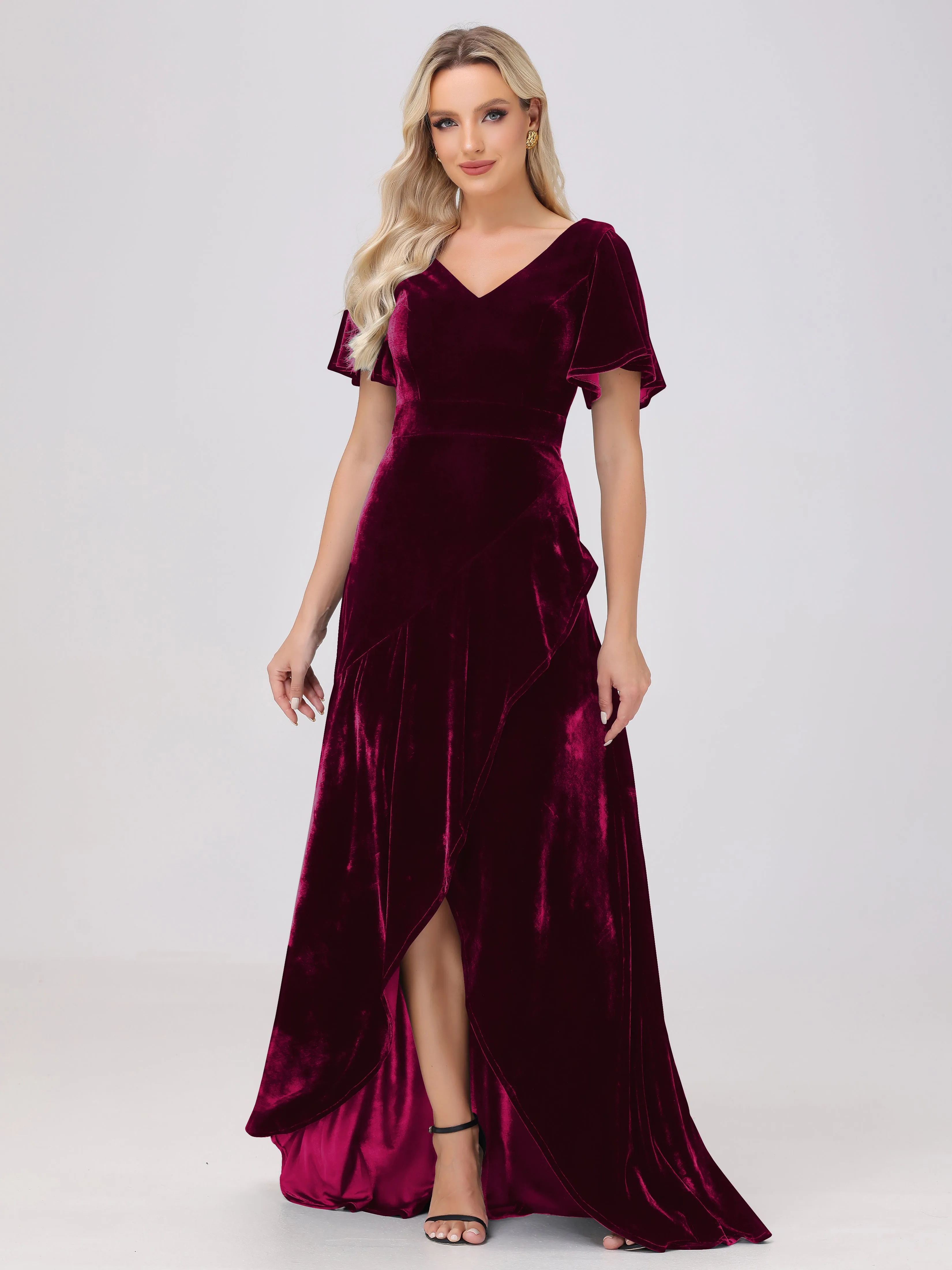 V-Neck Short Sleeves Ruffles Velvet Bridesmaid Dresses