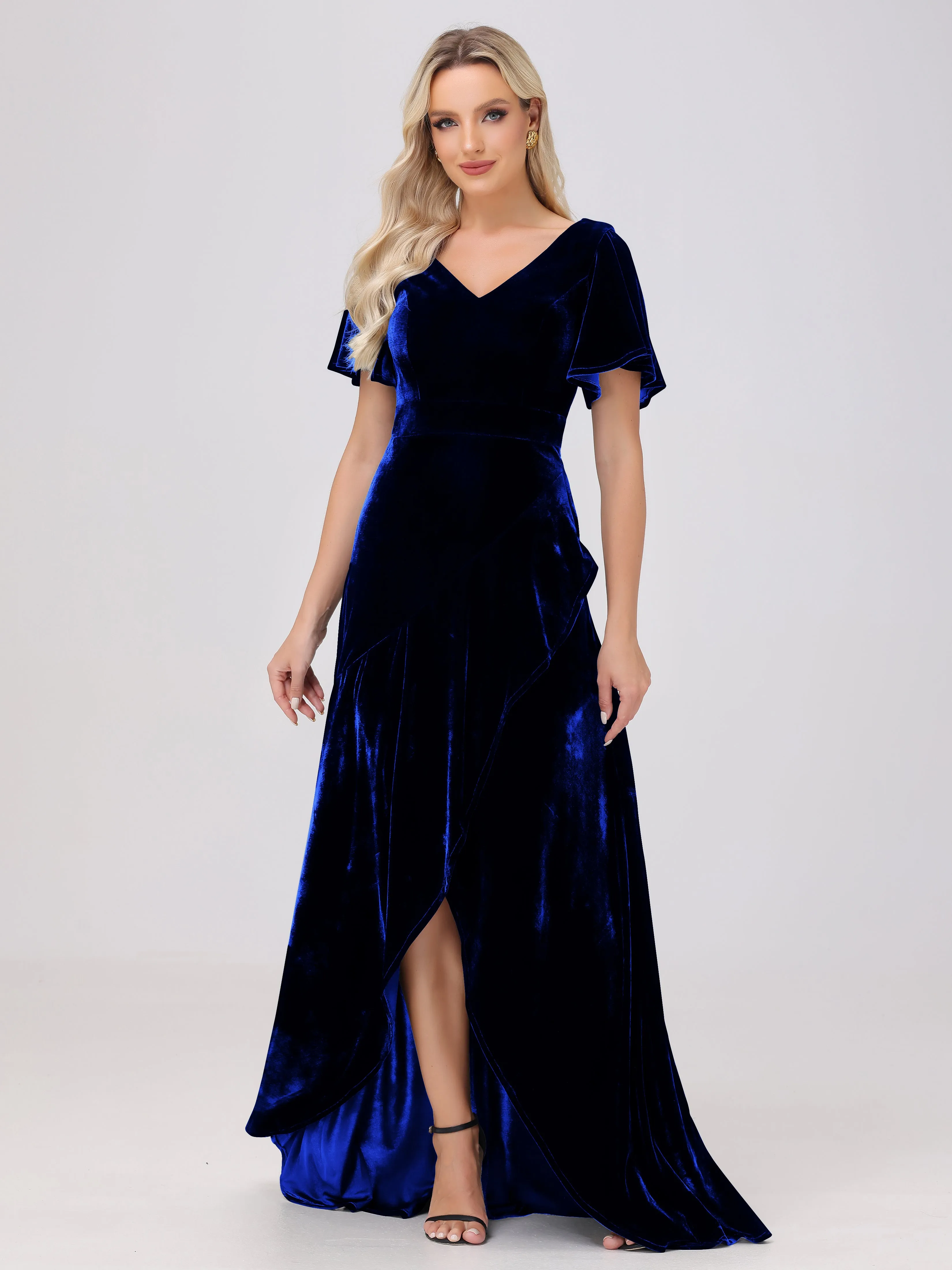 V-Neck Short Sleeves Ruffles Velvet Bridesmaid Dresses