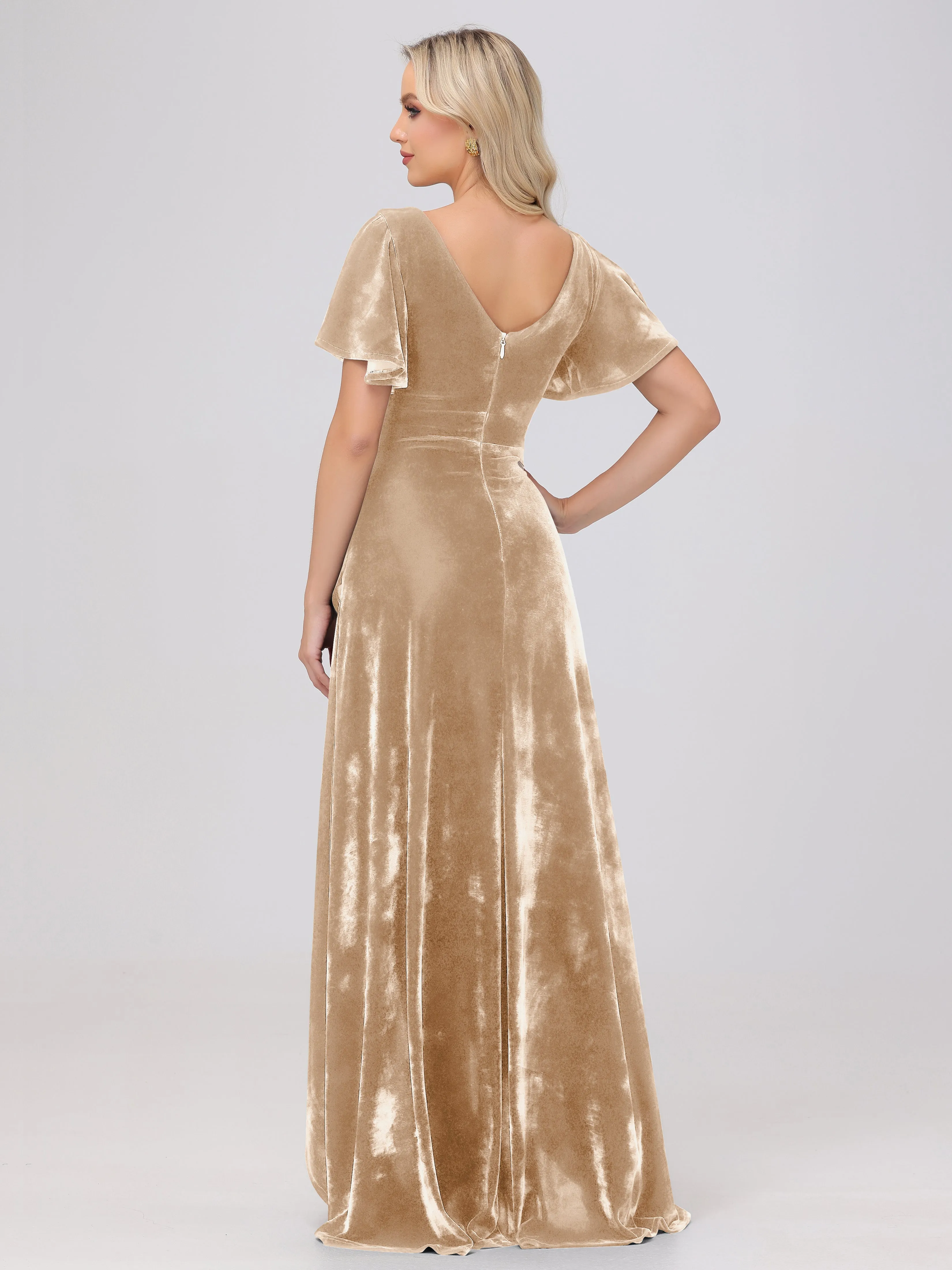 V-Neck Short Sleeves Ruffles Velvet Bridesmaid Dresses