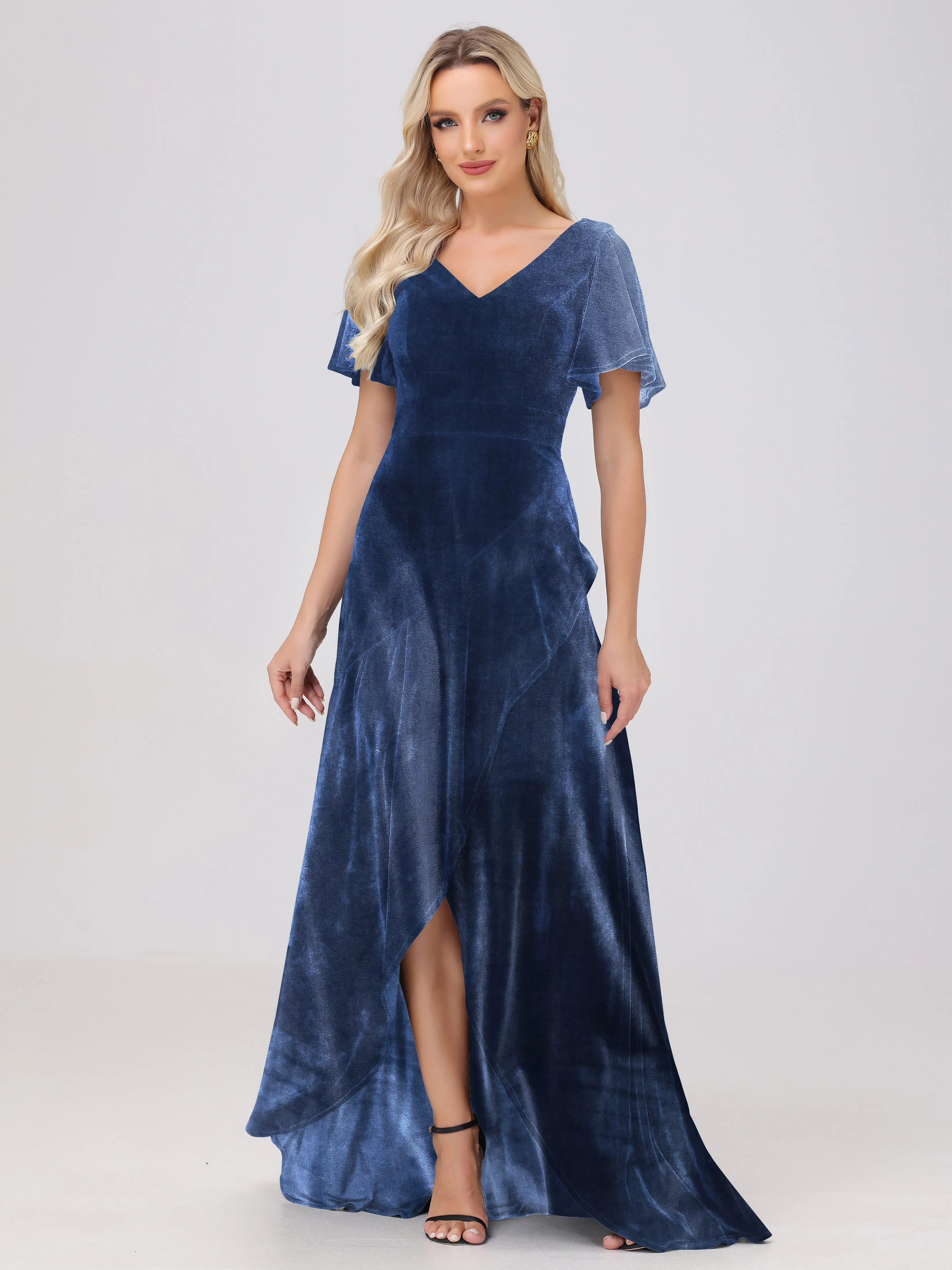 V-Neck Short Sleeves Ruffles Velvet Bridesmaid Dresses