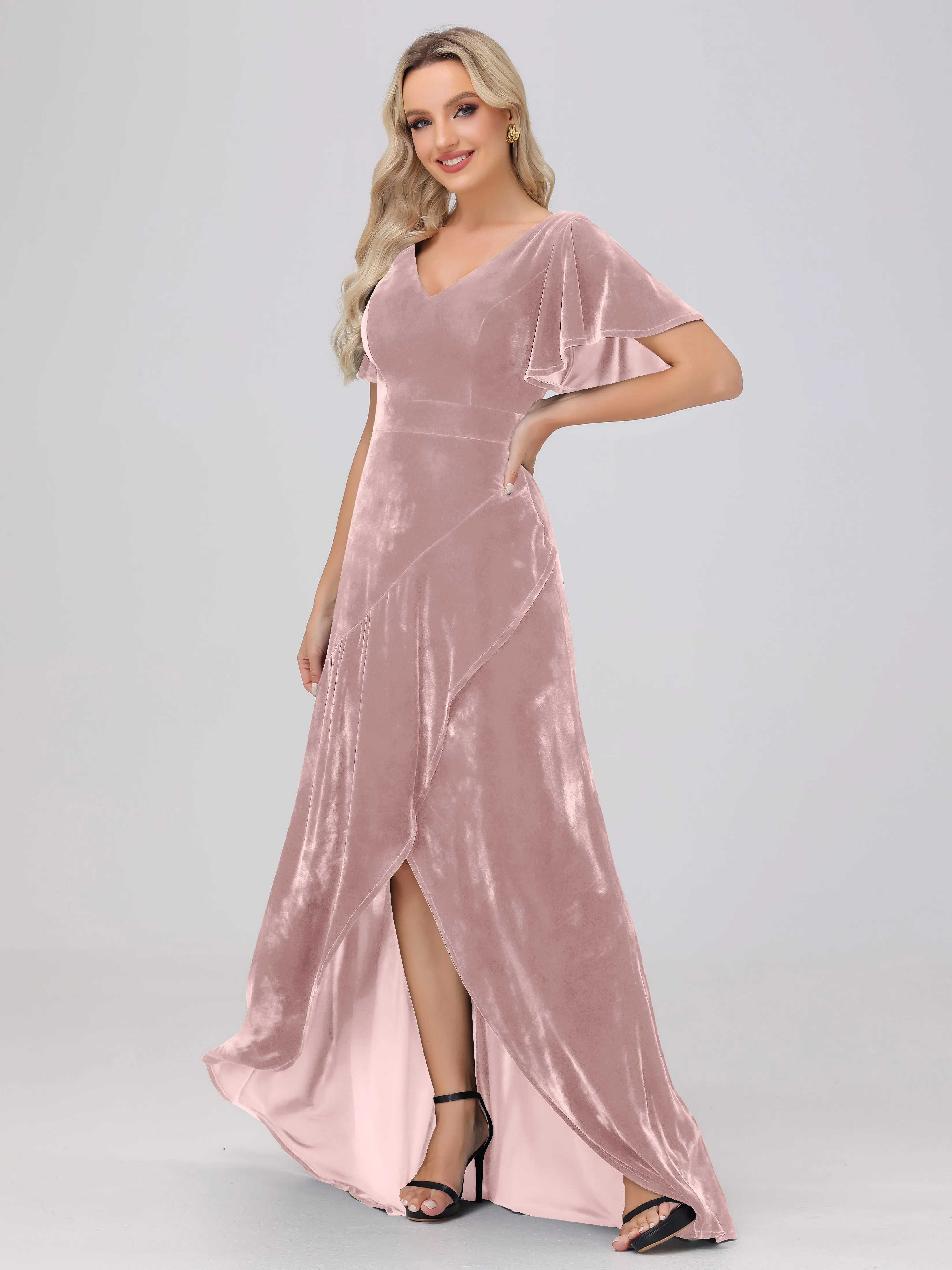 V-Neck Short Sleeves Ruffles Velvet Bridesmaid Dresses