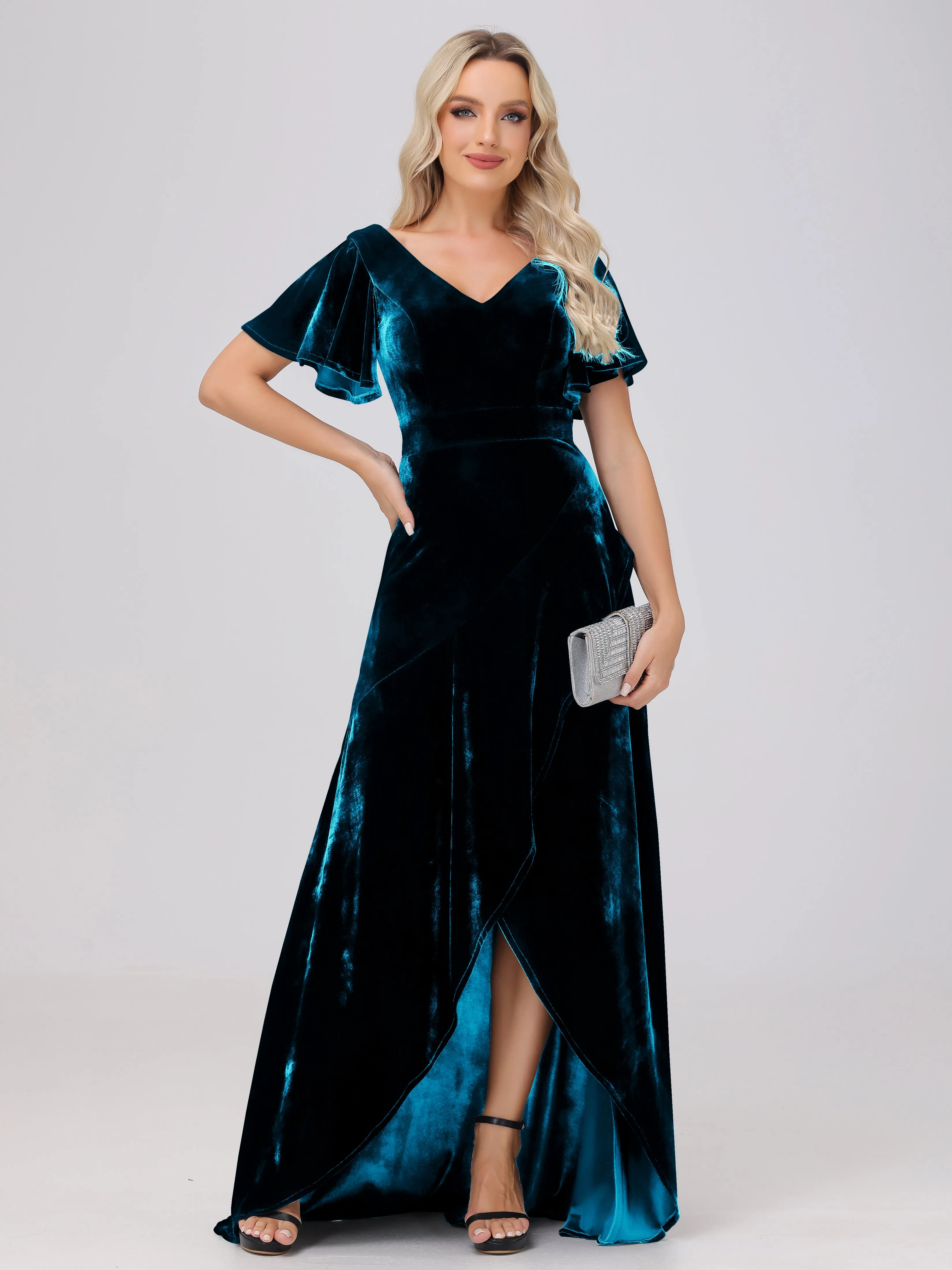 V-Neck Short Sleeves Ruffles Velvet Bridesmaid Dresses