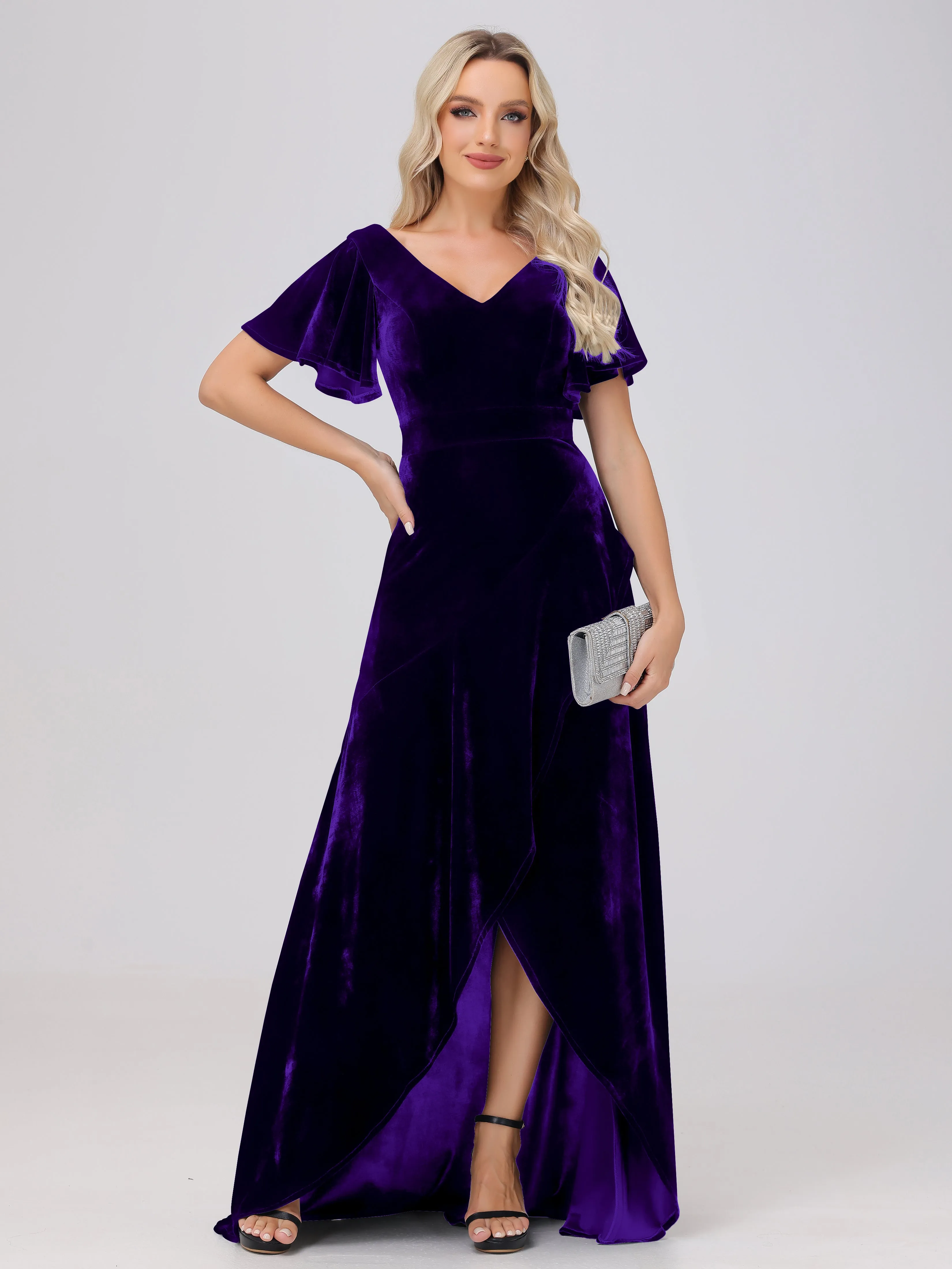 V-Neck Short Sleeves Ruffles Velvet Bridesmaid Dresses
