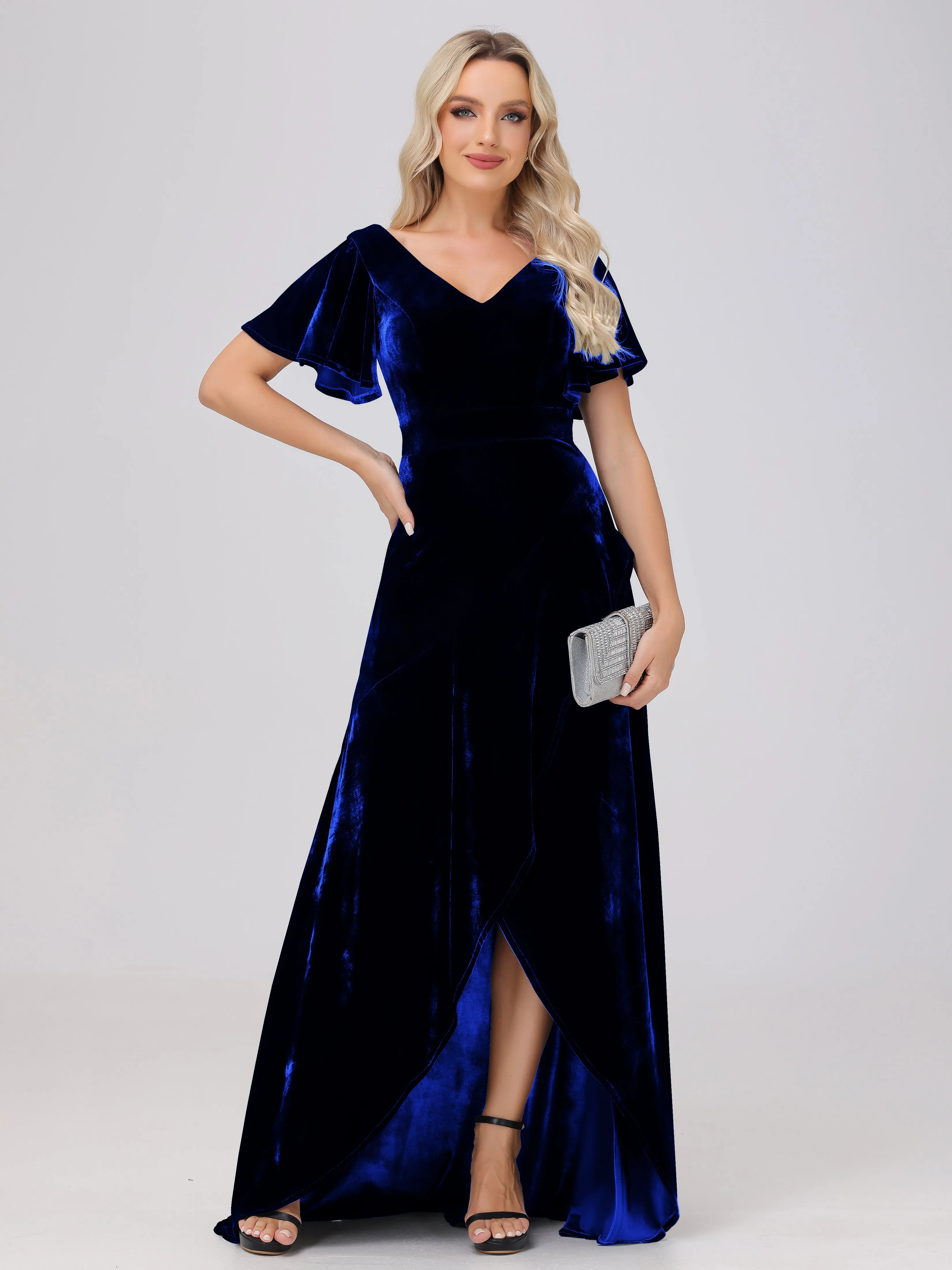 V-Neck Short Sleeves Ruffles Velvet Bridesmaid Dresses