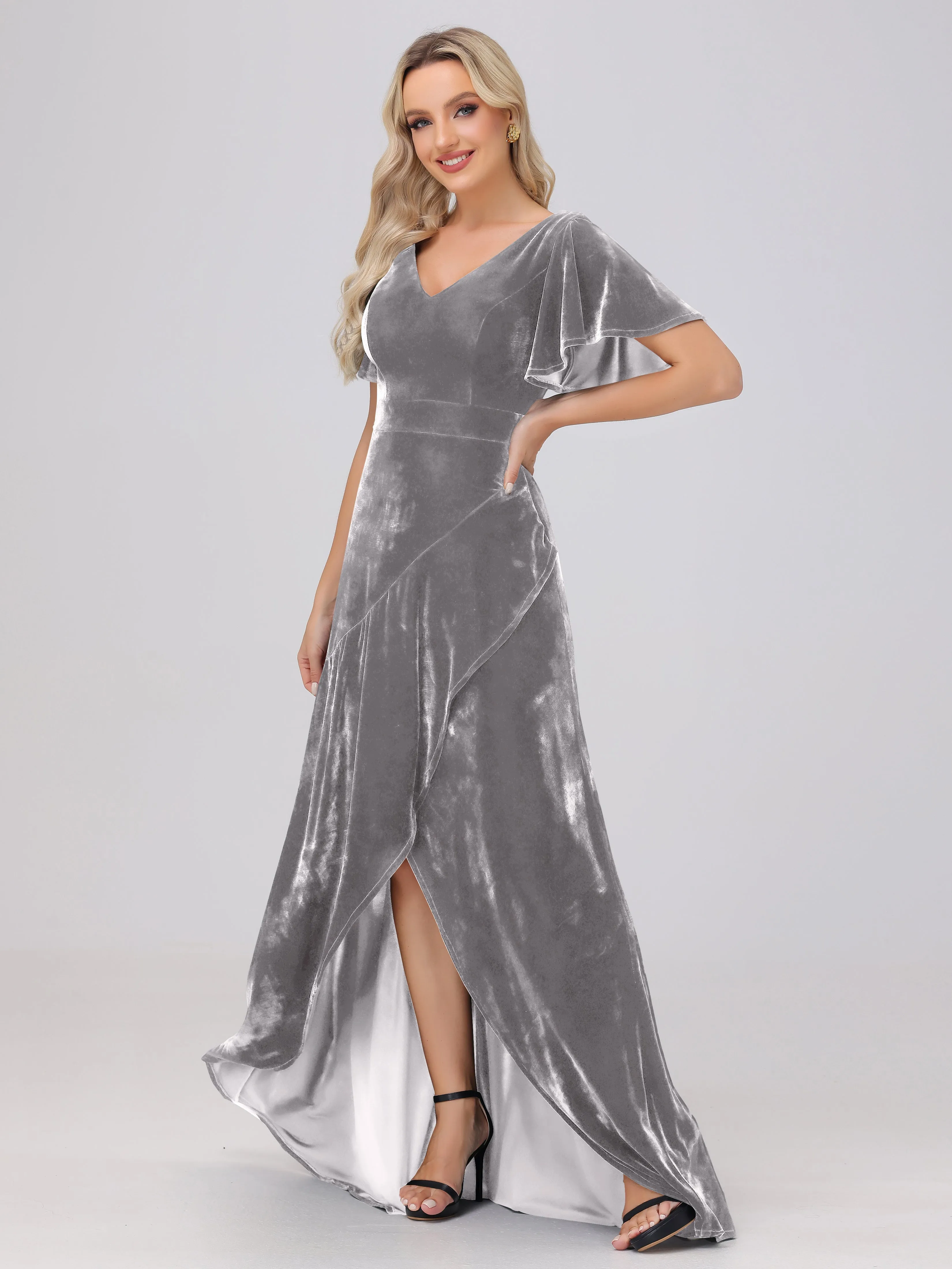 V-Neck Short Sleeves Ruffles Velvet Bridesmaid Dresses