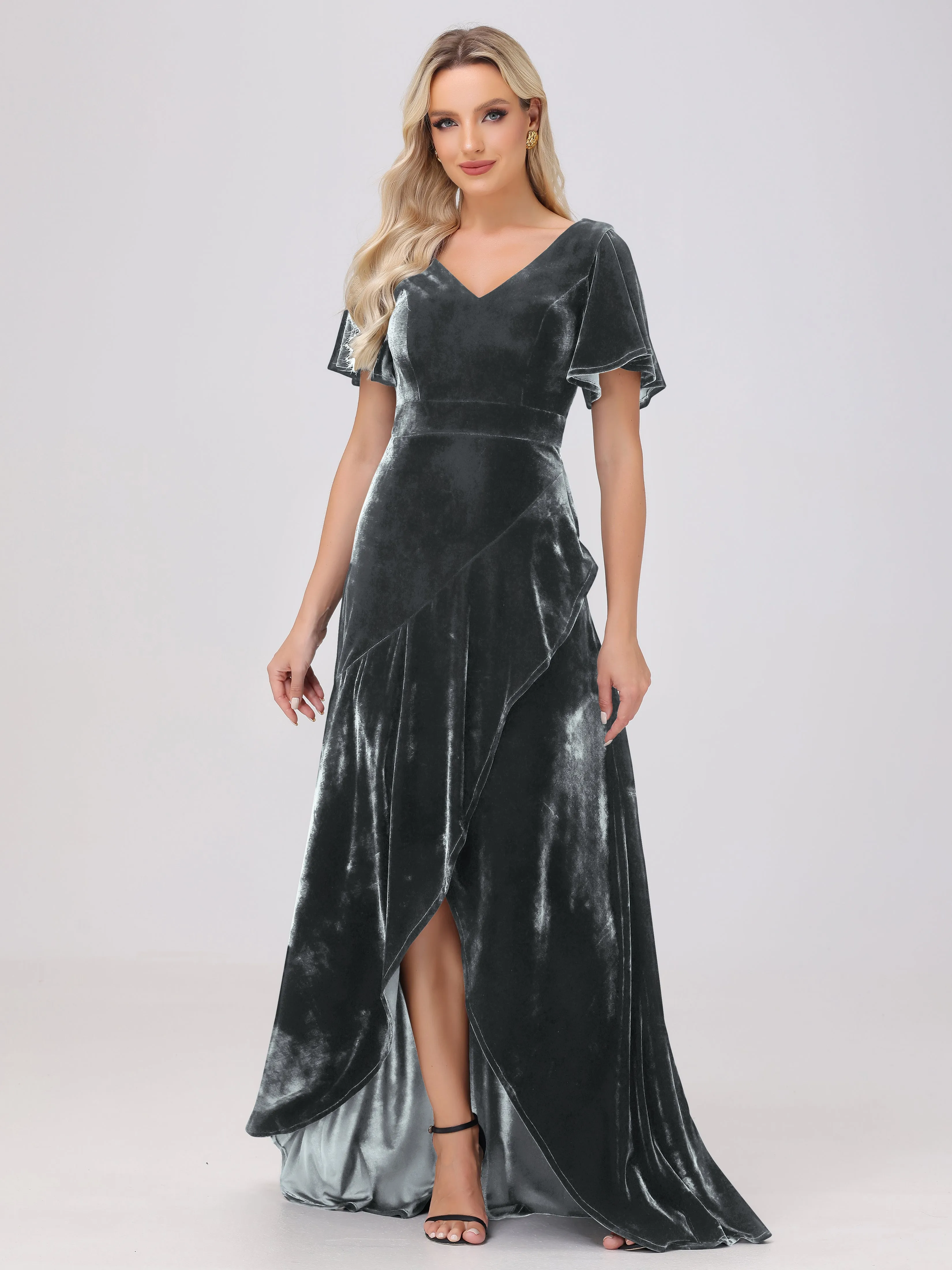V-Neck Short Sleeves Ruffles Velvet Bridesmaid Dresses