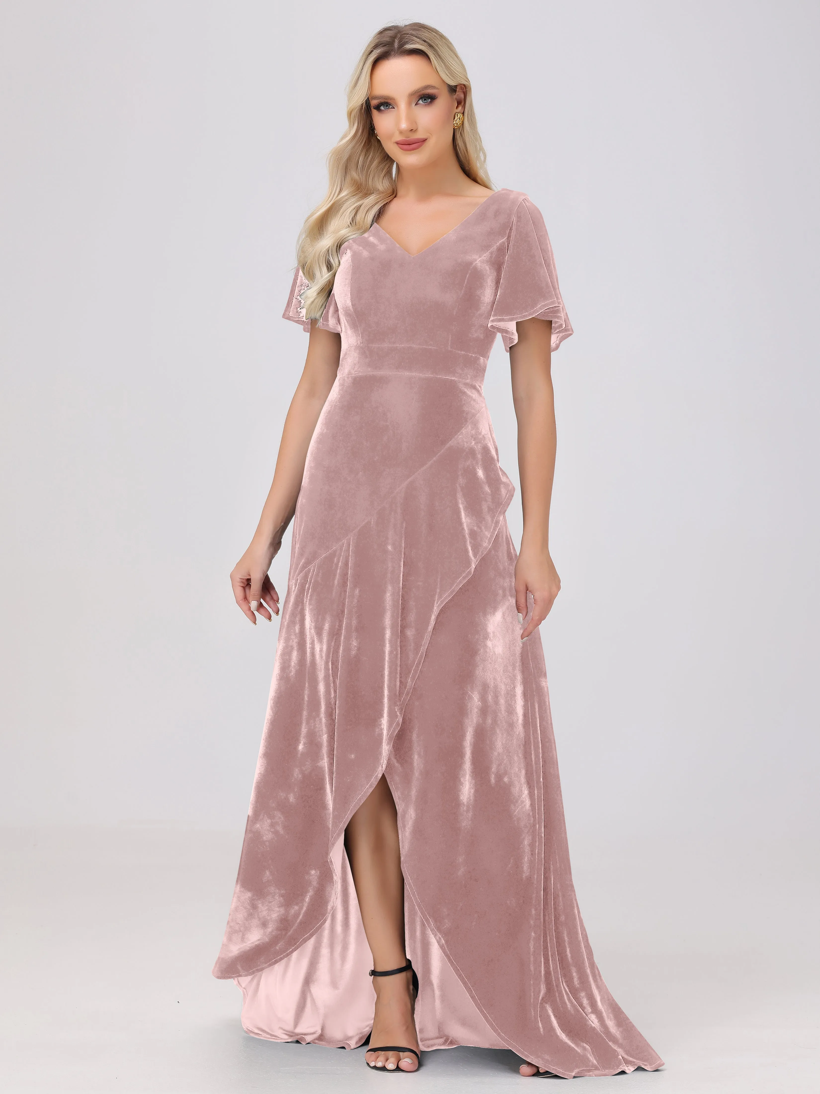 V-Neck Short Sleeves Ruffles Velvet Bridesmaid Dresses