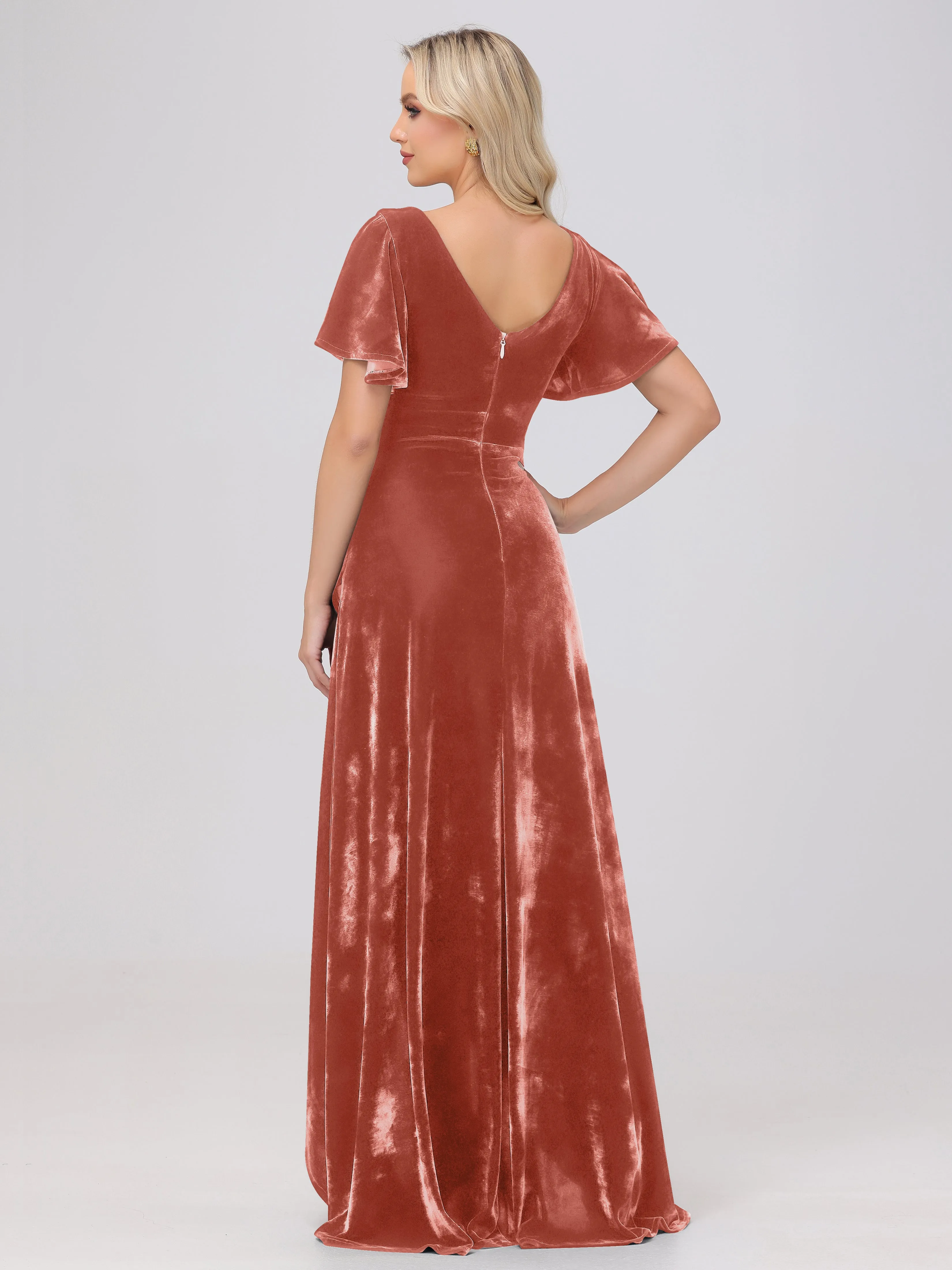 V-Neck Short Sleeves Ruffles Velvet Bridesmaid Dresses