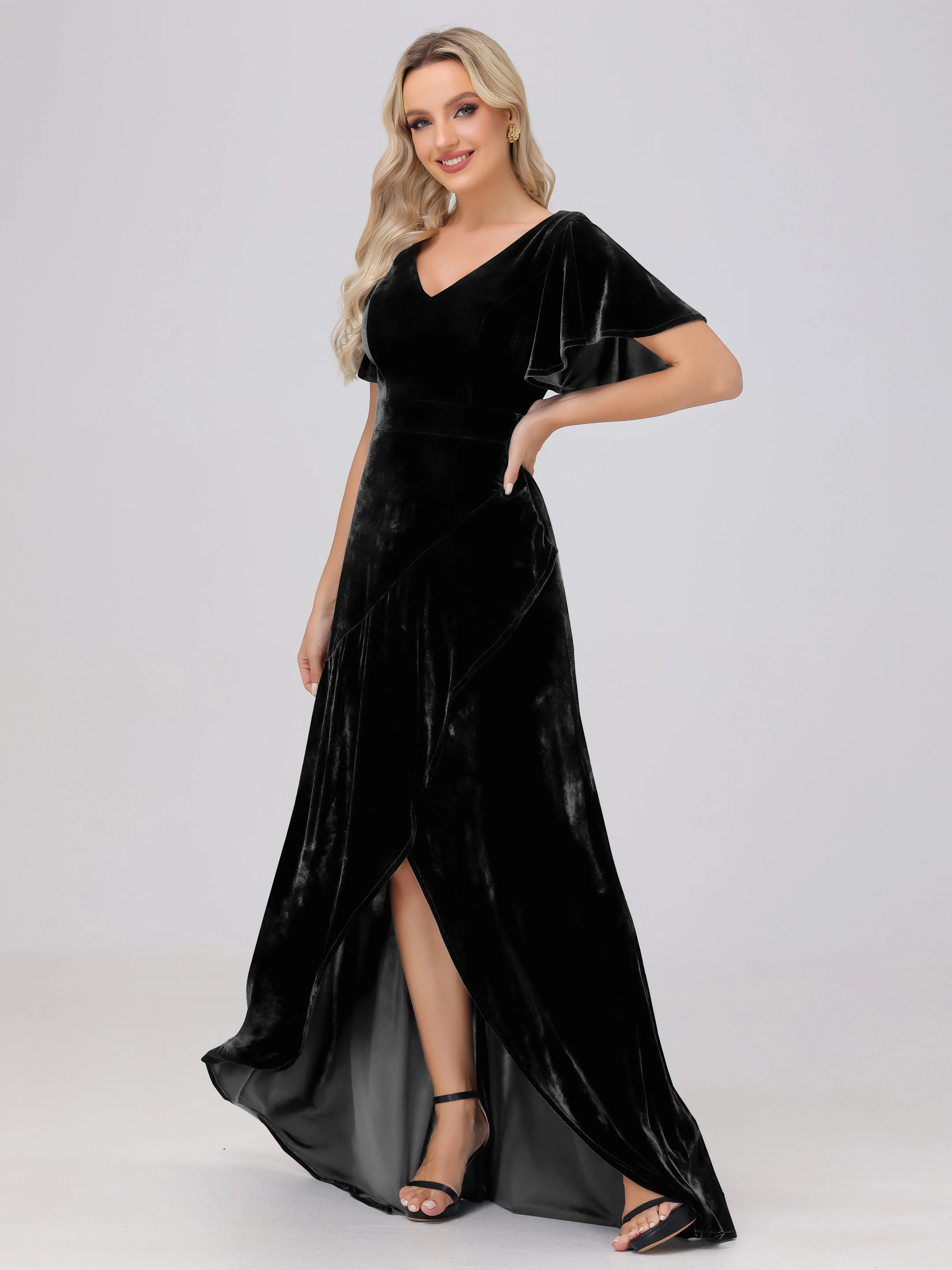 V-Neck Short Sleeves Ruffles Velvet Bridesmaid Dresses