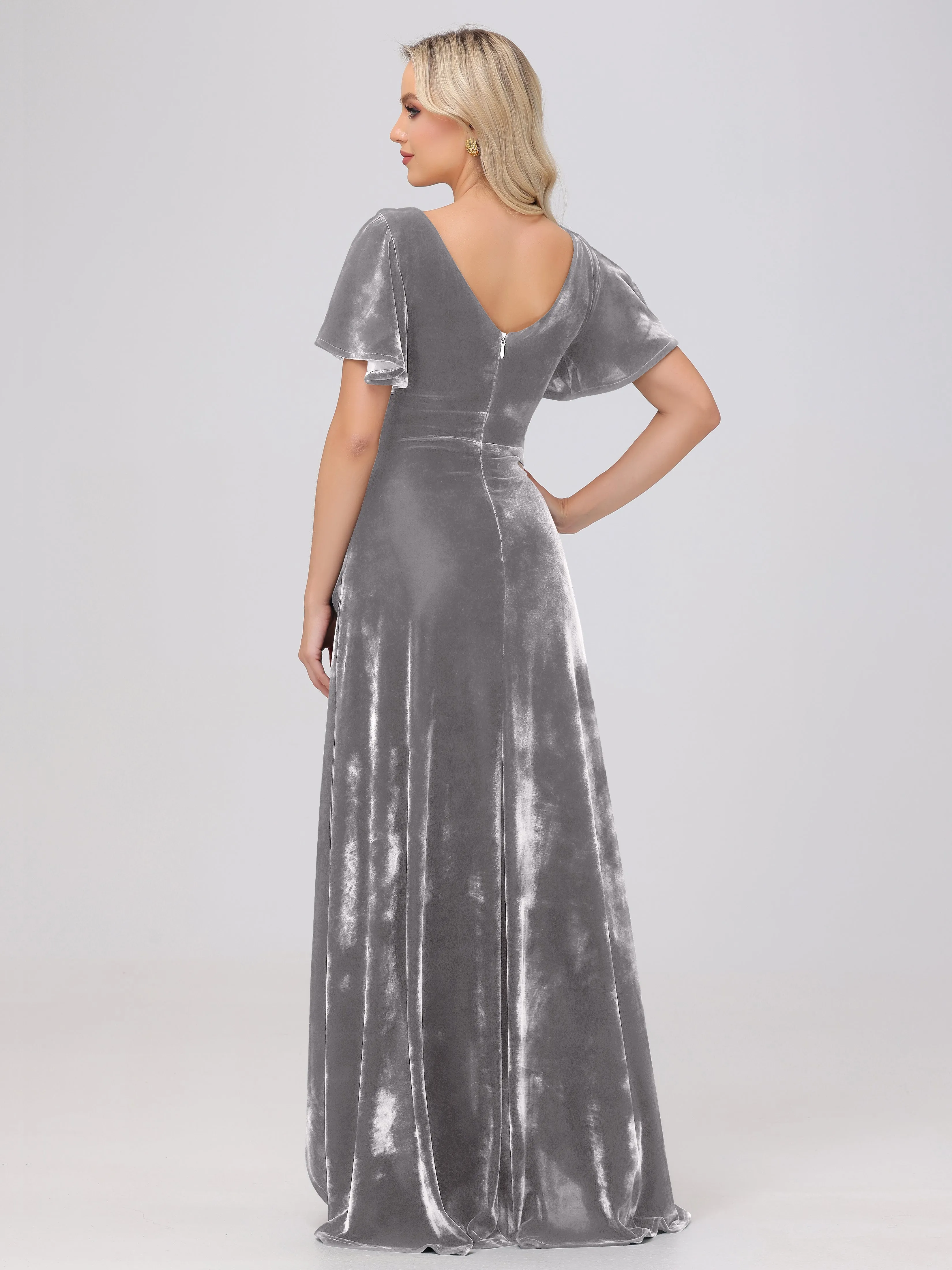 V-Neck Short Sleeves Ruffles Velvet Bridesmaid Dresses