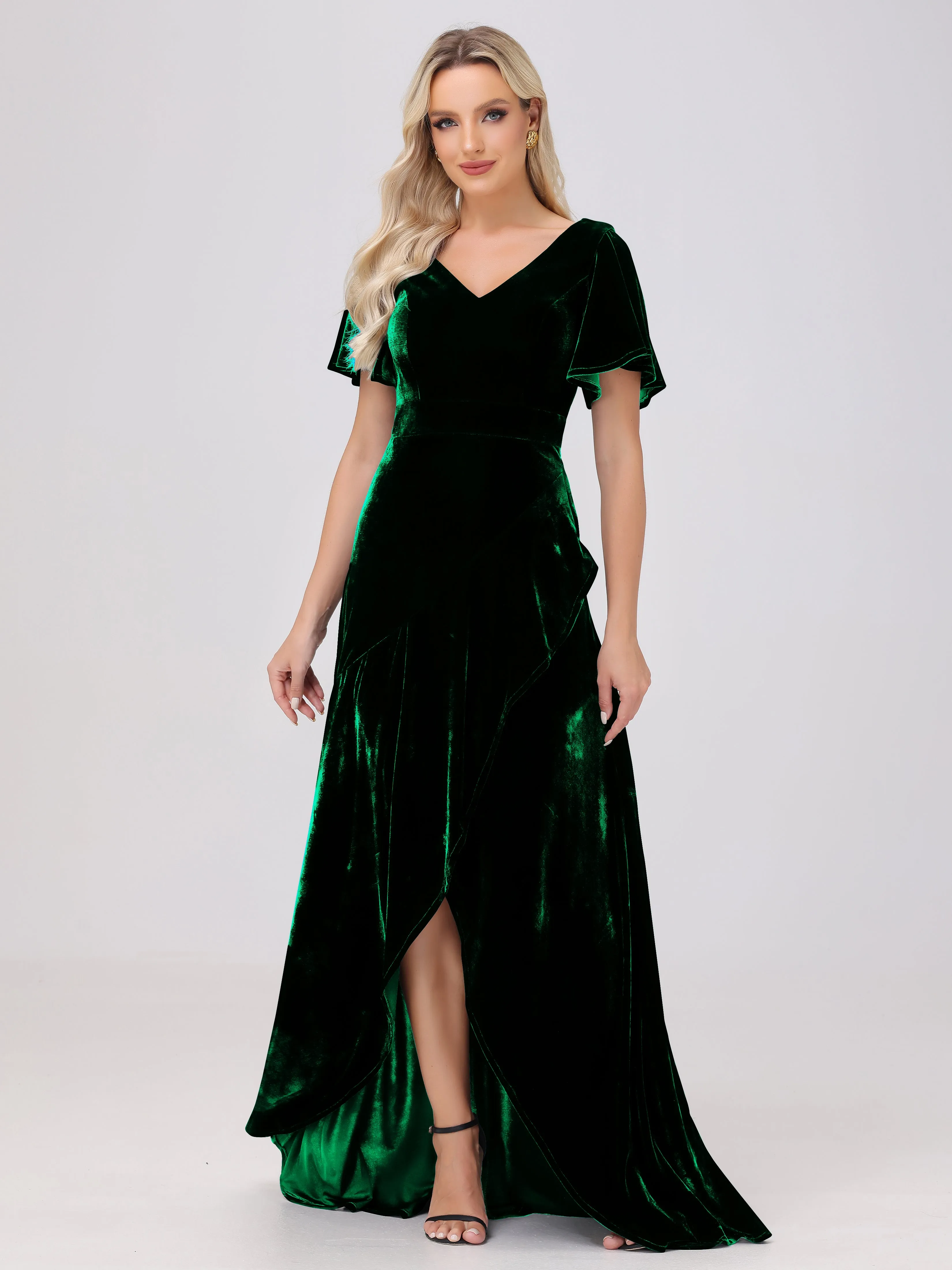 V-Neck Short Sleeves Ruffles Velvet Bridesmaid Dresses