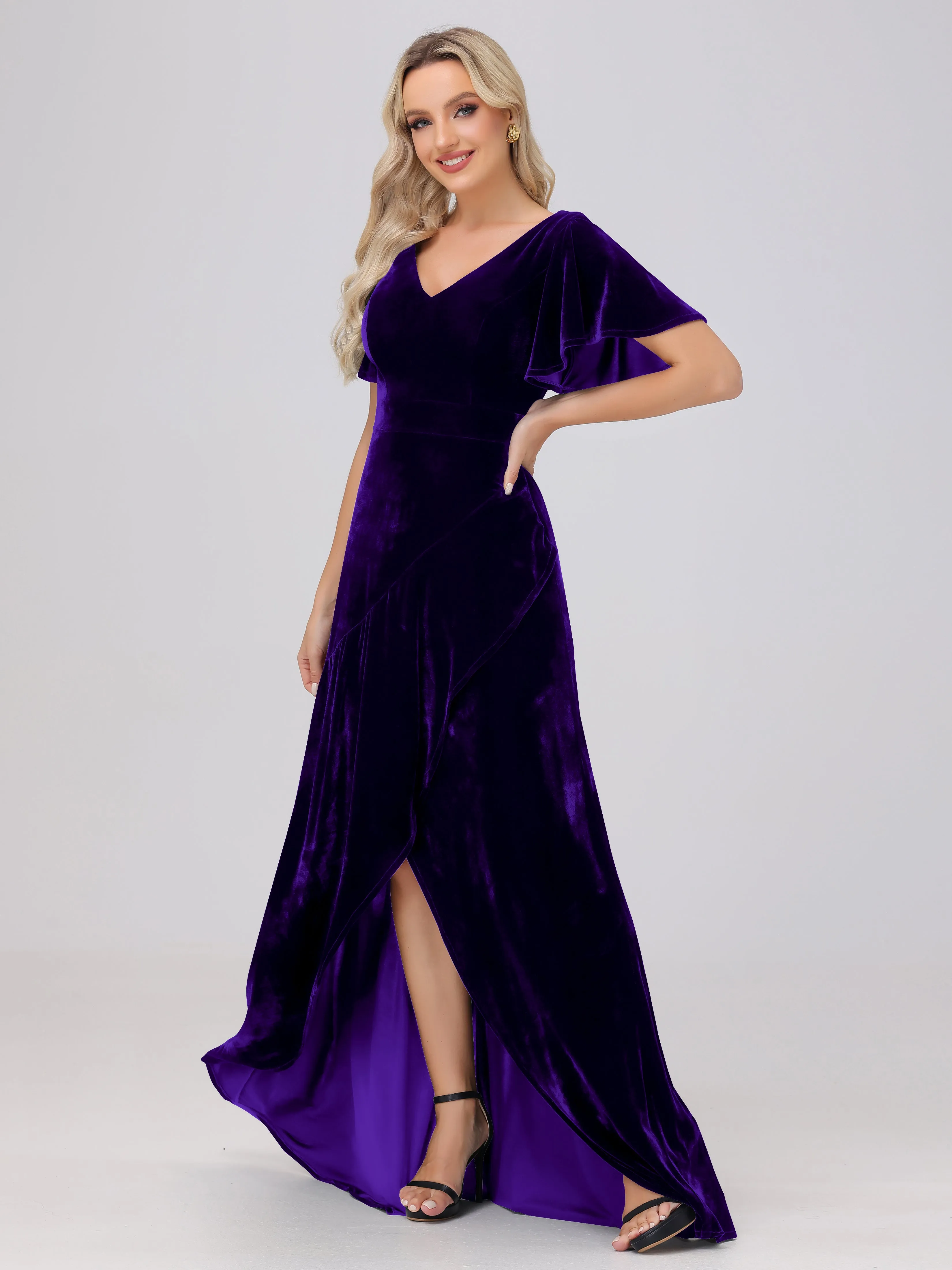 V-Neck Short Sleeves Ruffles Velvet Bridesmaid Dresses