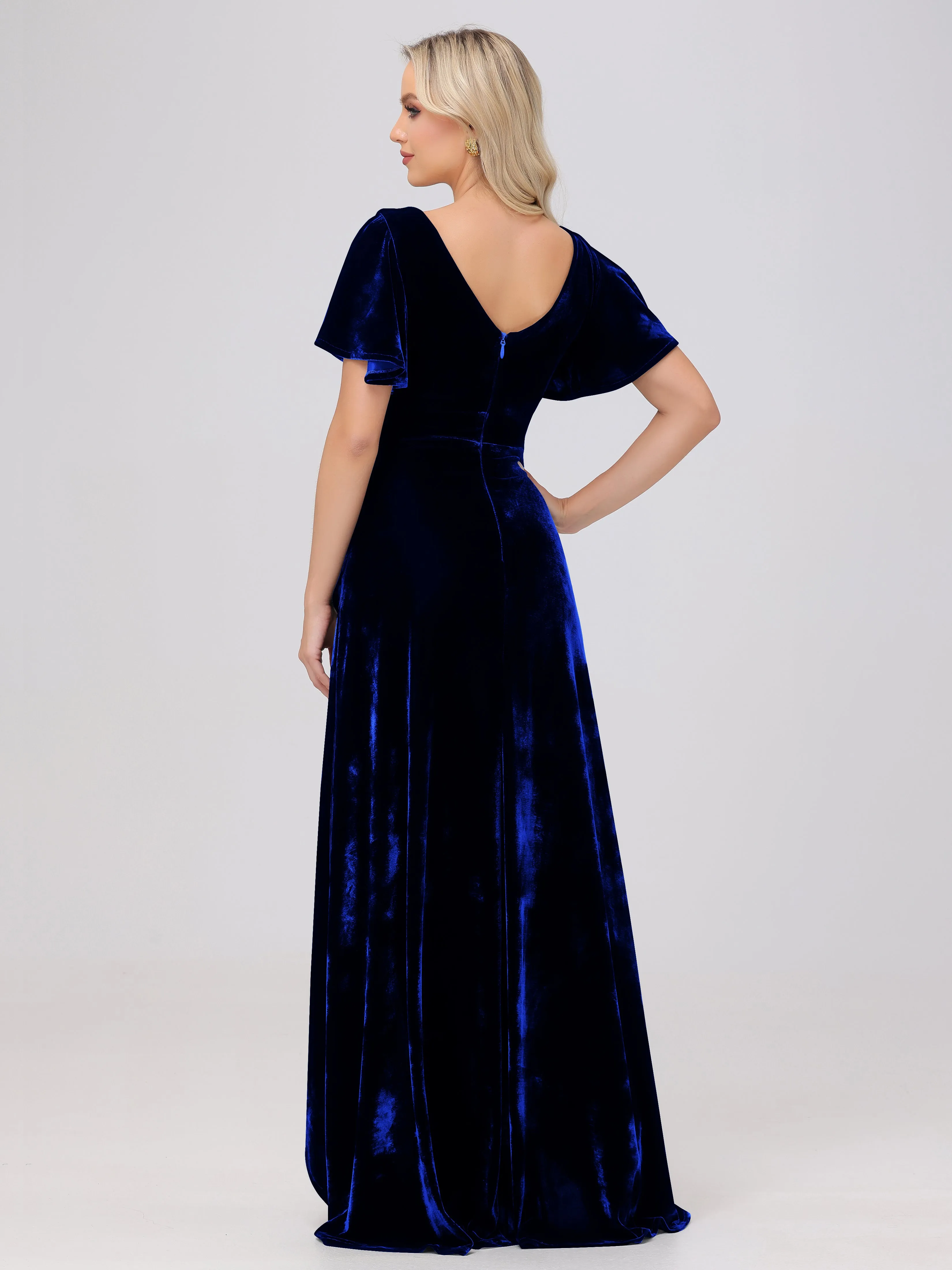 V-Neck Short Sleeves Ruffles Velvet Bridesmaid Dresses