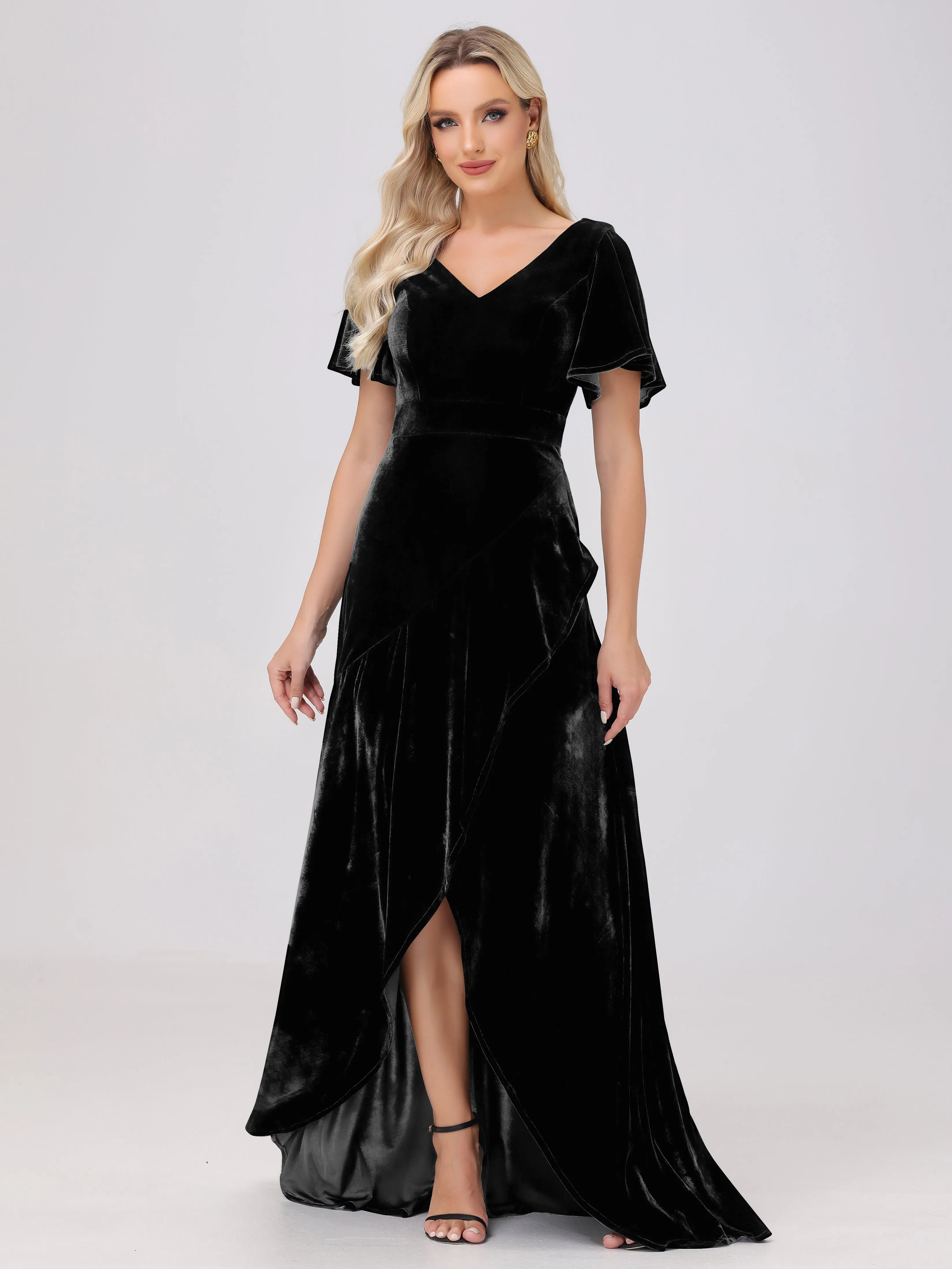 V-Neck Short Sleeves Ruffles Velvet Bridesmaid Dresses