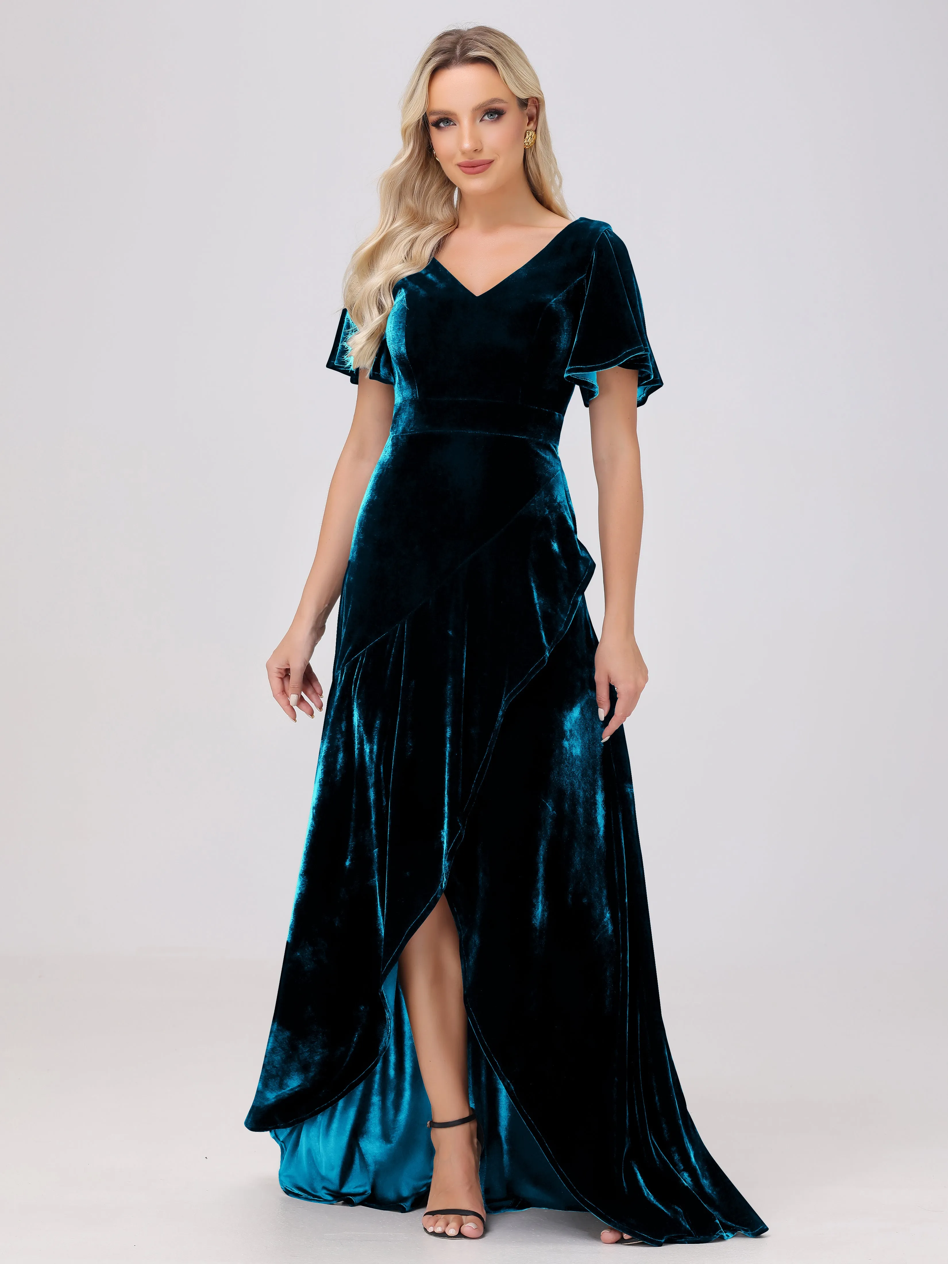V-Neck Short Sleeves Ruffles Velvet Bridesmaid Dresses