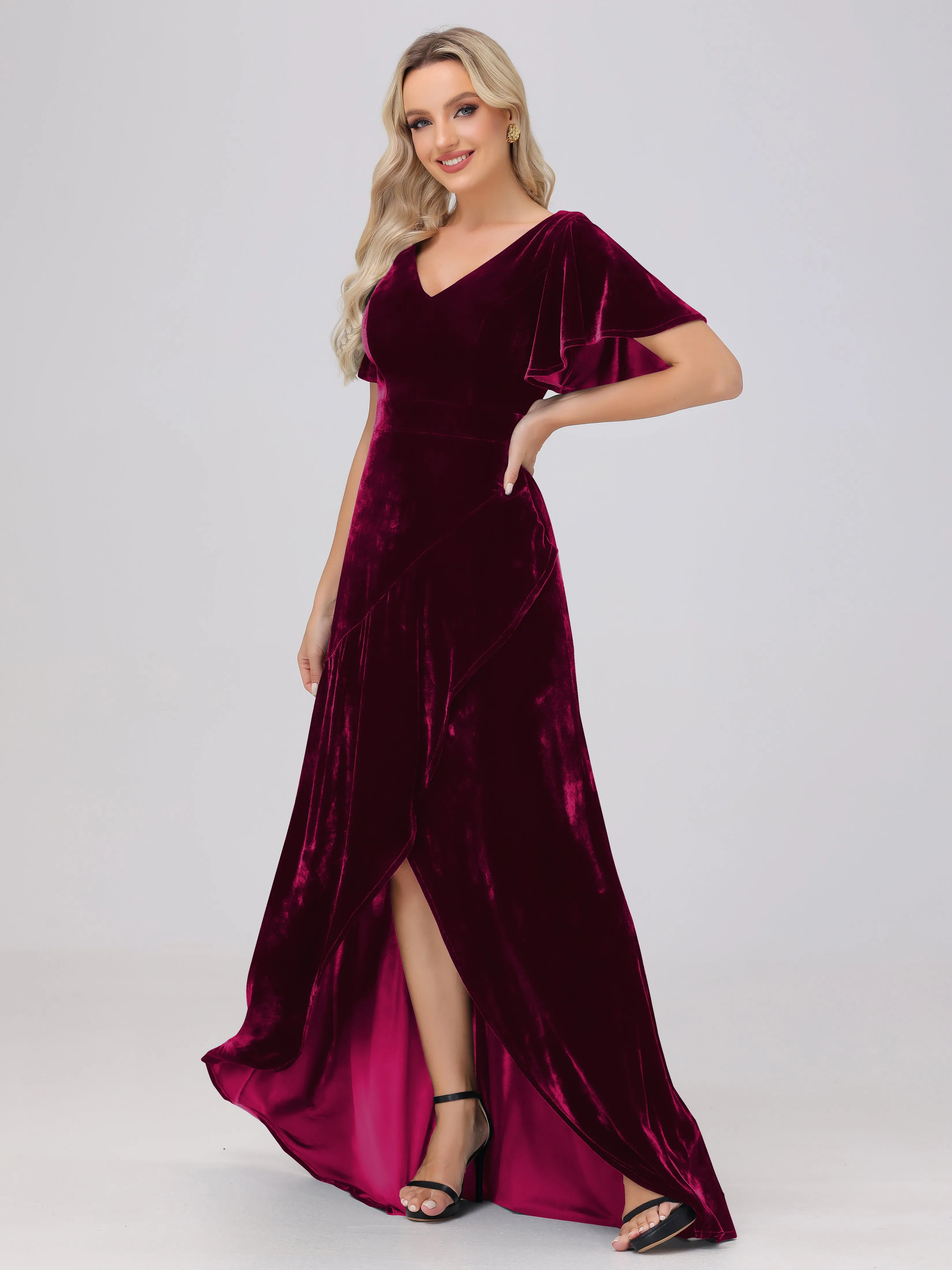 V-Neck Short Sleeves Ruffles Velvet Bridesmaid Dresses