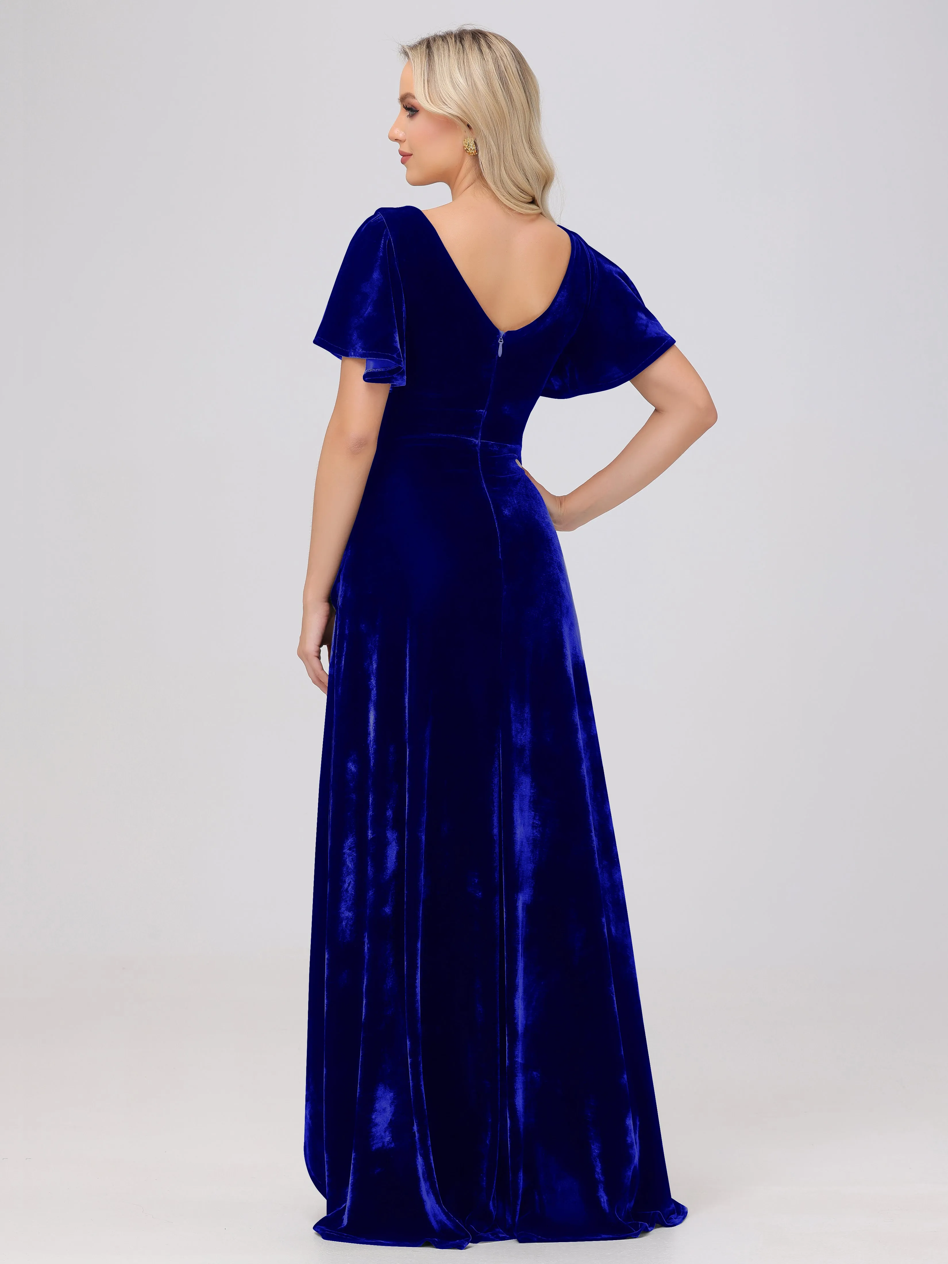 V-Neck Short Sleeves Ruffles Velvet Bridesmaid Dresses