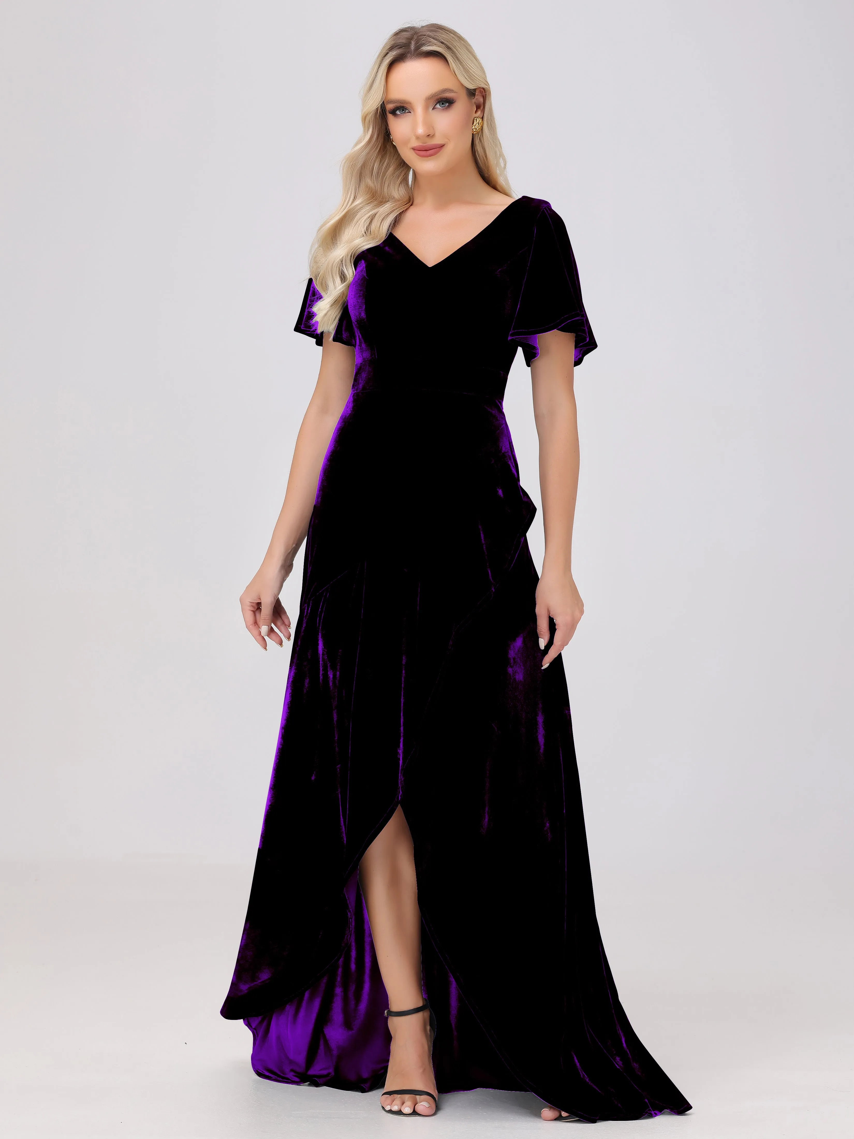 V-Neck Short Sleeves Ruffles Velvet Bridesmaid Dresses
